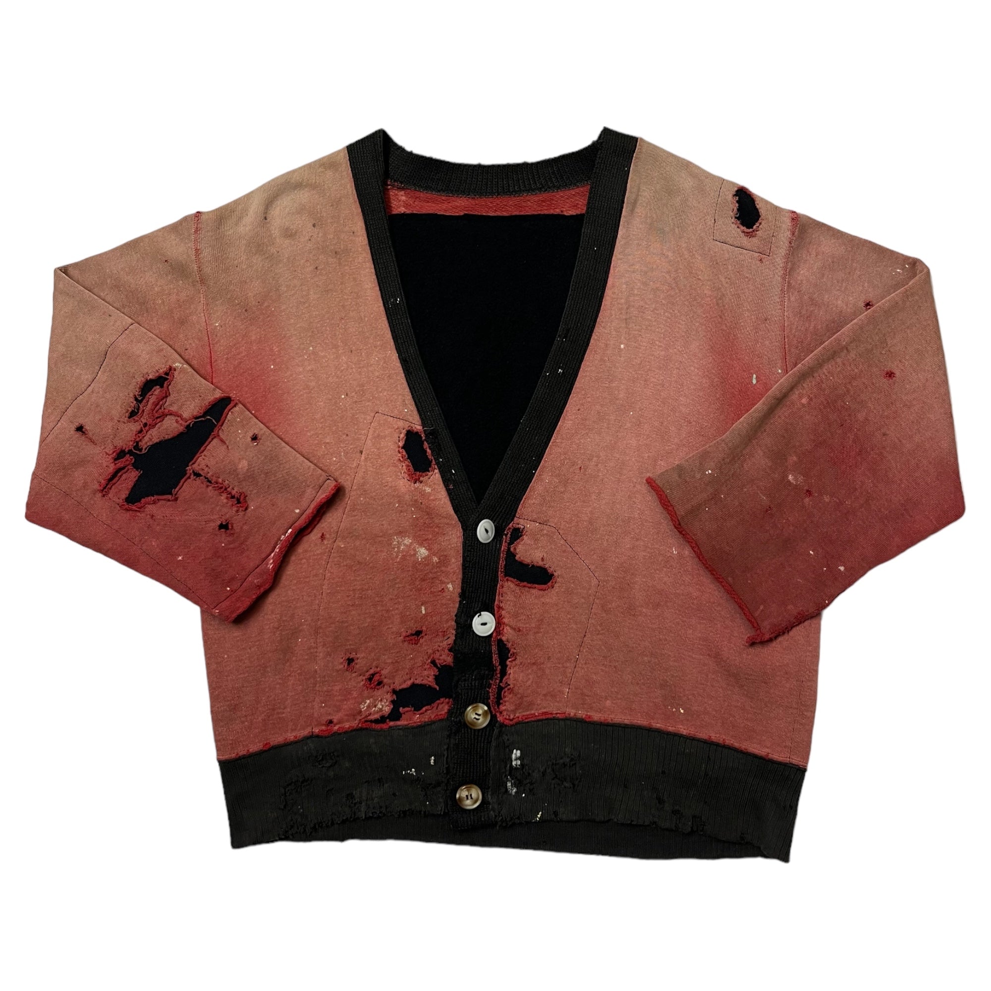 1940s Thrashed Two-Tone Sweatshirt Cardigan - Faded Red/Black - S
