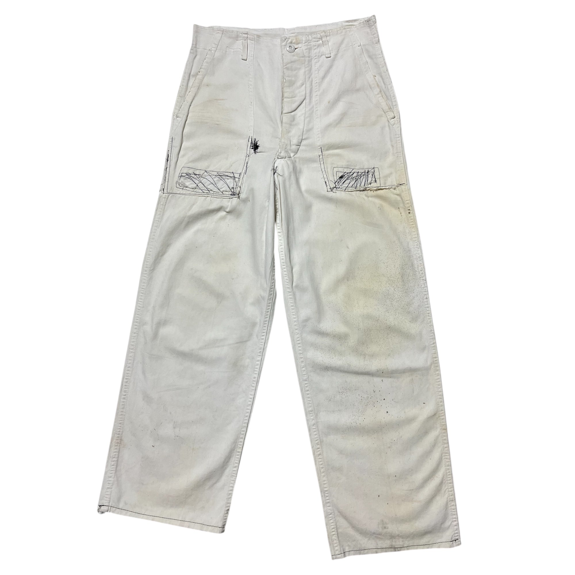 1940s WWII Naval Food Service Hand-Altered & Repaired Trousers - Aged White - 30x29