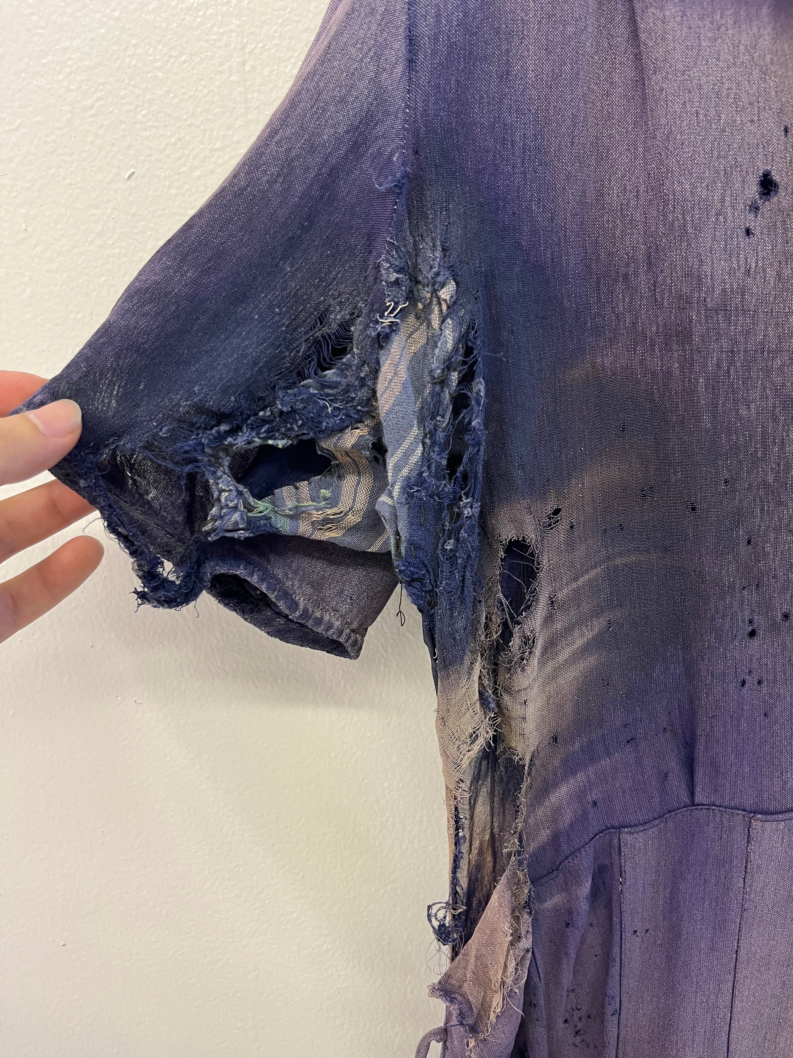 1930s Sun Faded, Thrashed & Repaired Cotton-Linen Farm Dress - Faded Purple - One Size