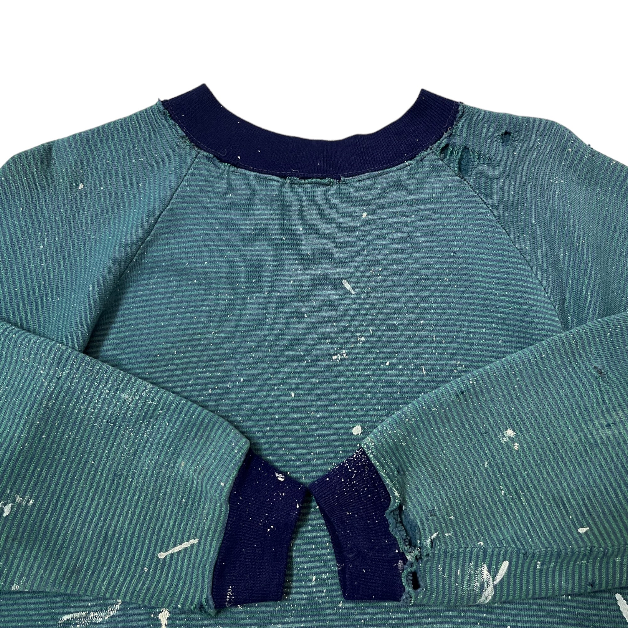 1970s Distressed Painter Raglan Striped Sweatshirt - Green/Navy - M