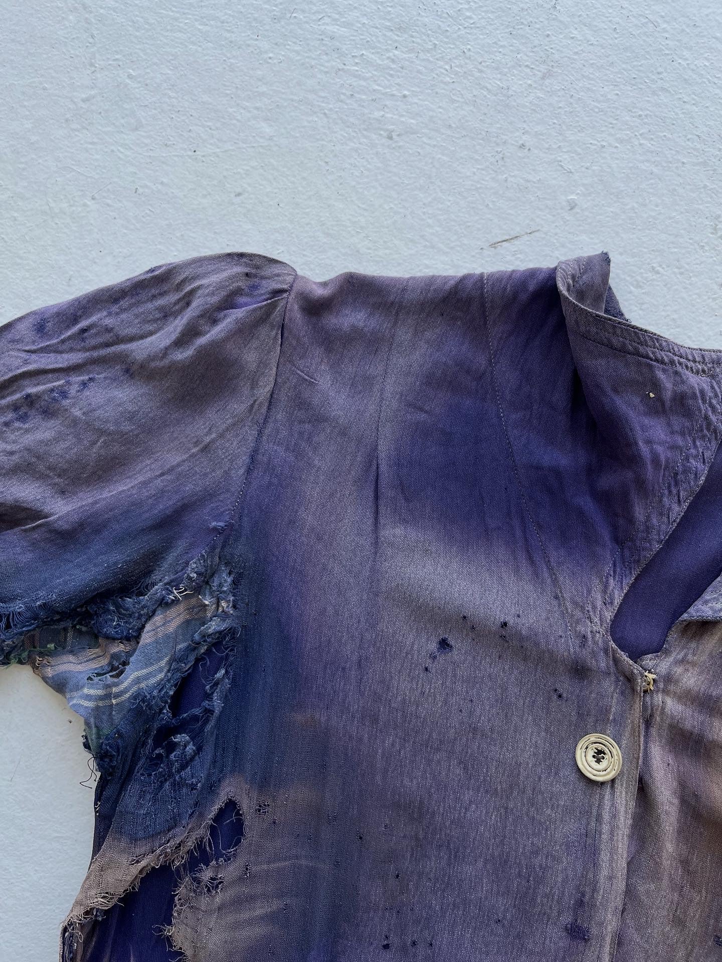 1930s Sun Faded, Thrashed & Repaired Cotton-Linen Farm Dress - Faded Purple - One Size