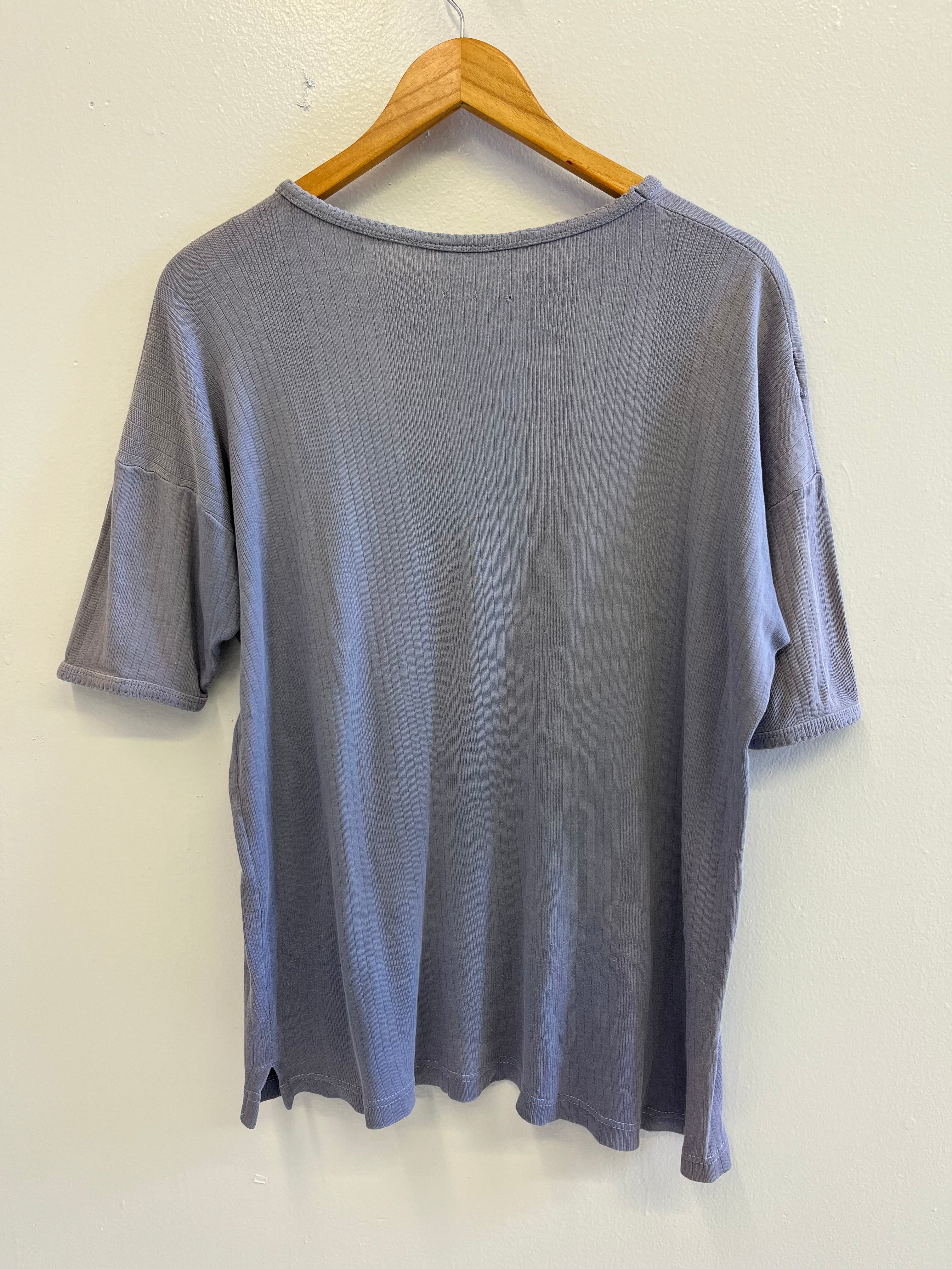1960s French Ribbed Work T-Shirt - Faded Cornflower Blue - L