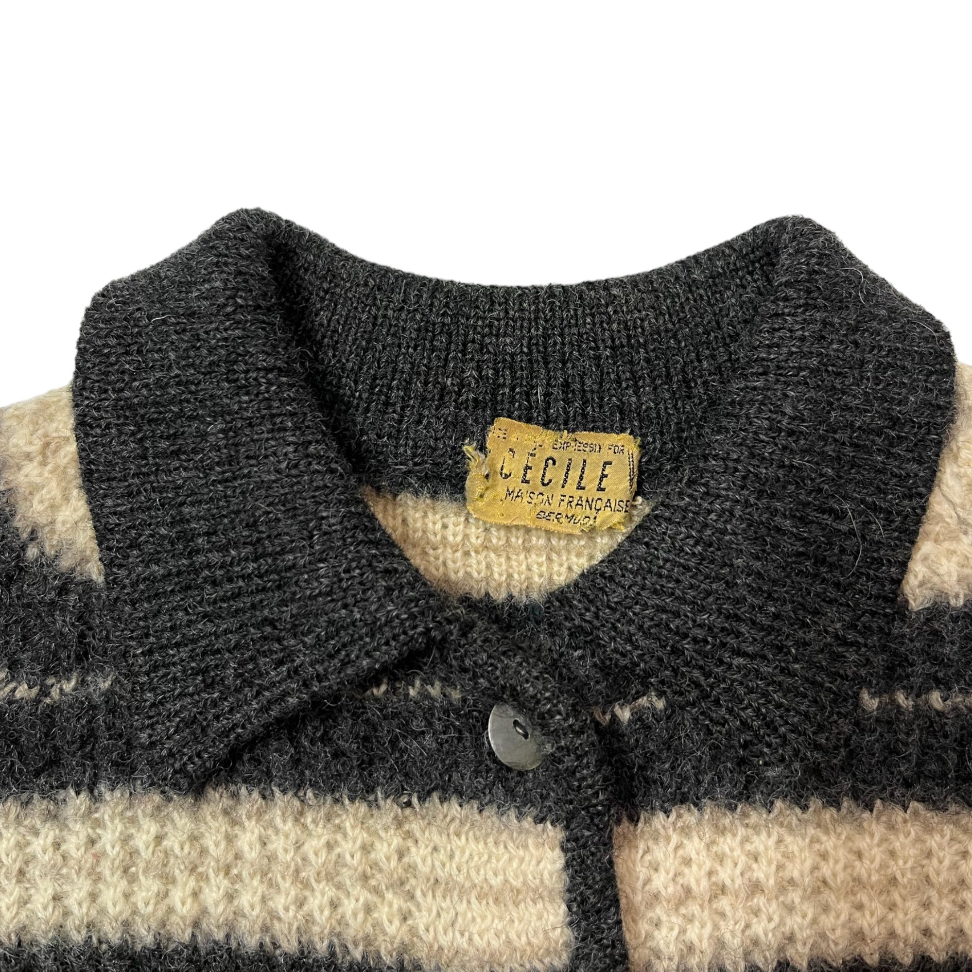 1940s Distressed French Striped Button-Up Knit Sweater Shirt with Darning - Cream/Black - S/M