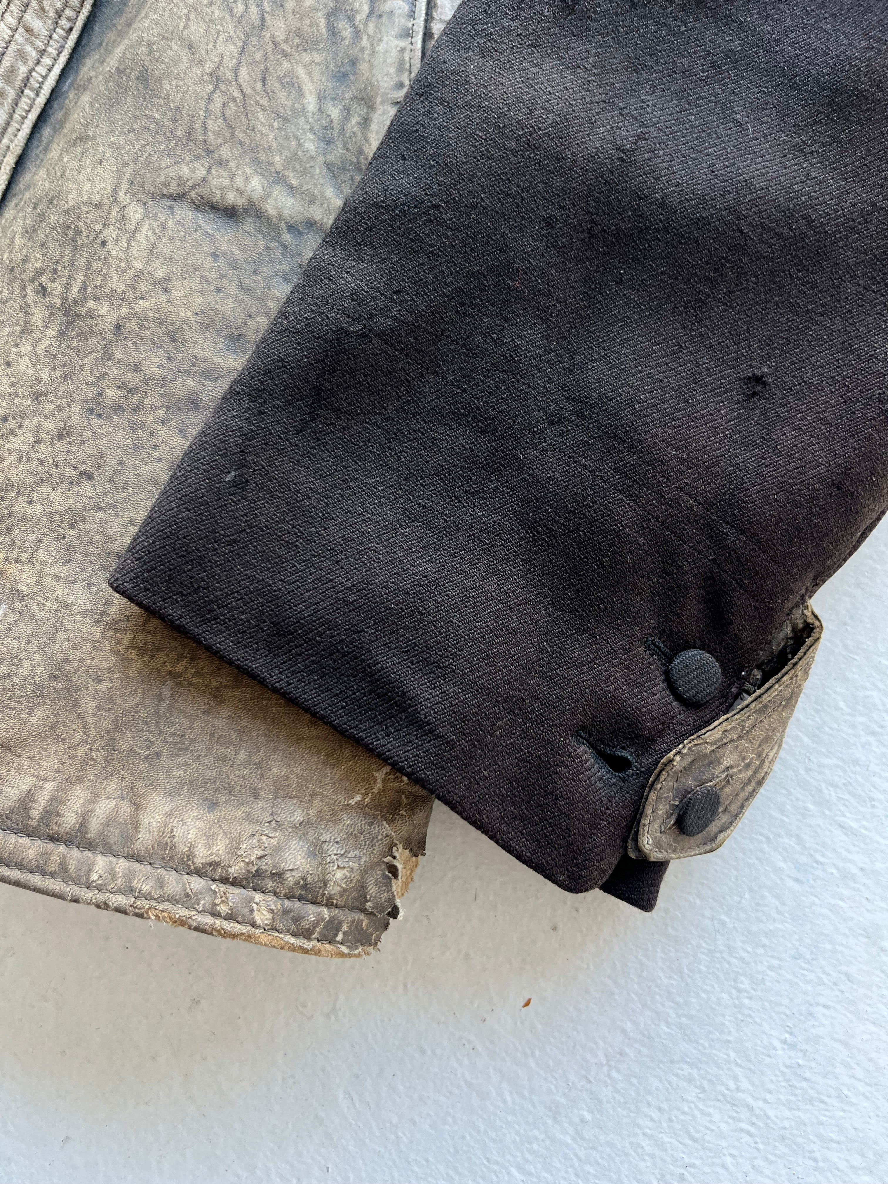 1930s Unusual French ‘Kleber’ Leather Coat with Wool Sleeves - Faded Brown - L