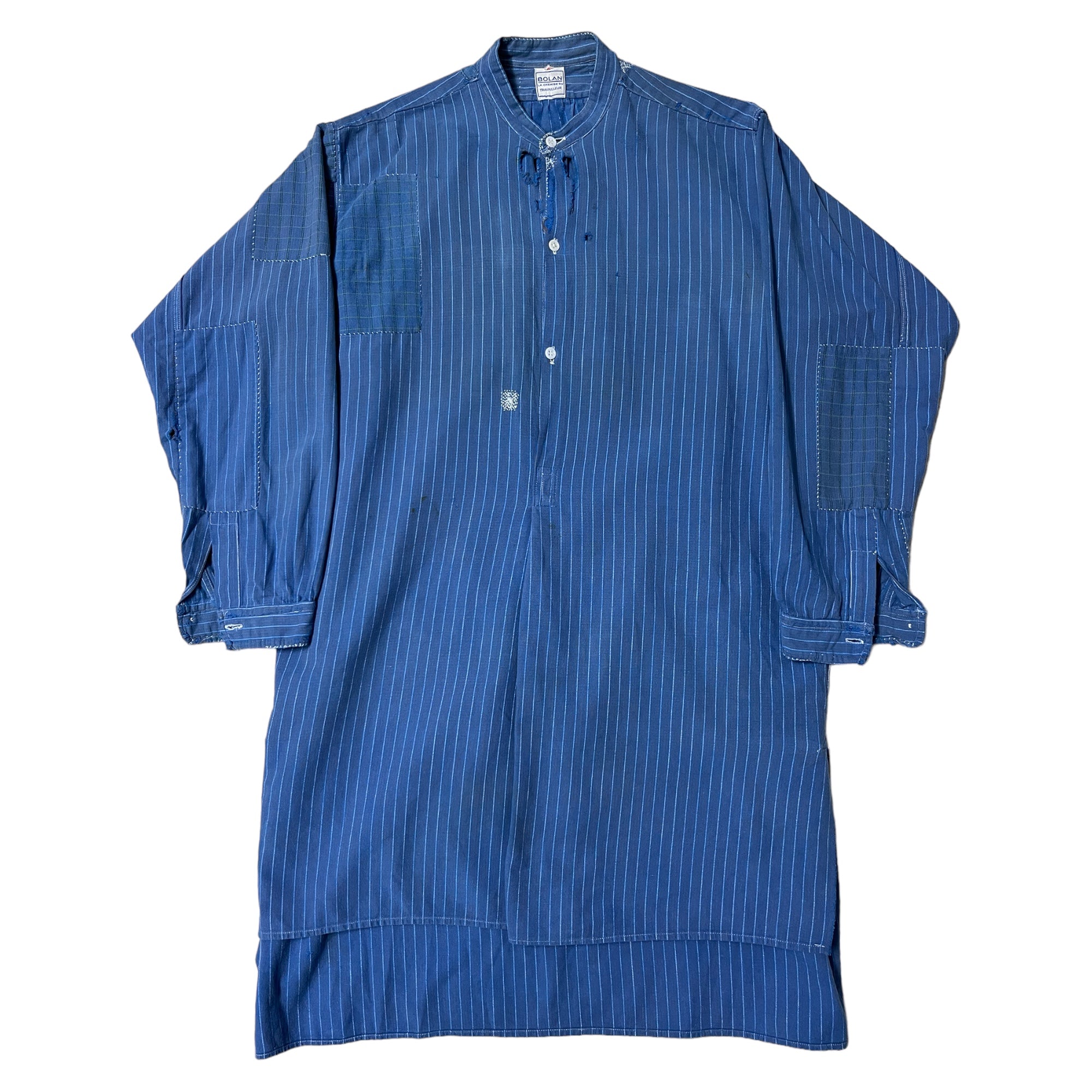 1950s French ‘Bolan’ Brand Distressed Grandfather Work Shirt / Dress - Blue - M/L