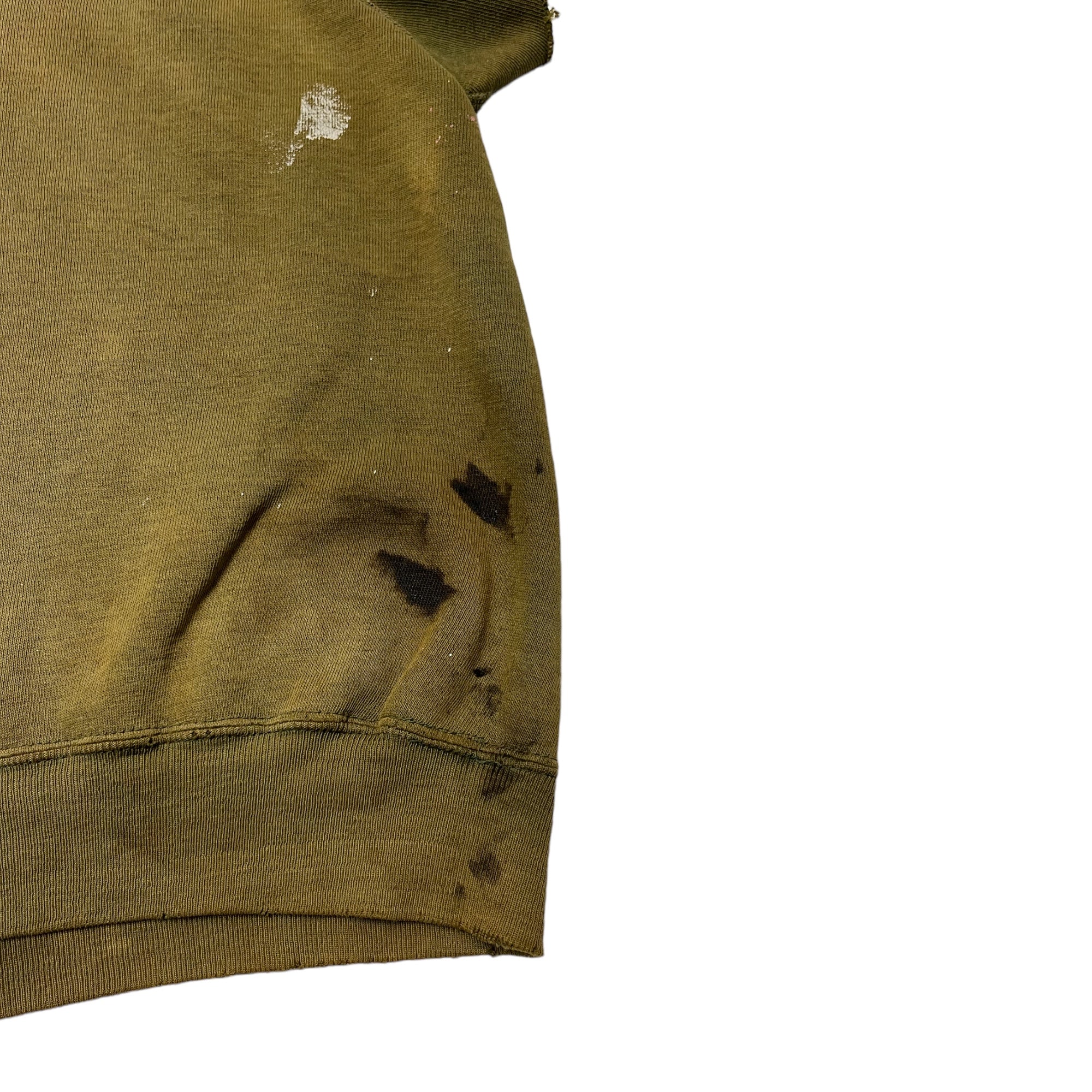 Early ‘60s Lewiston-Porter Lancers Flock Graphic Thrashed Cutoff Crewneck Sweatshirt - Faded Olive - M/L