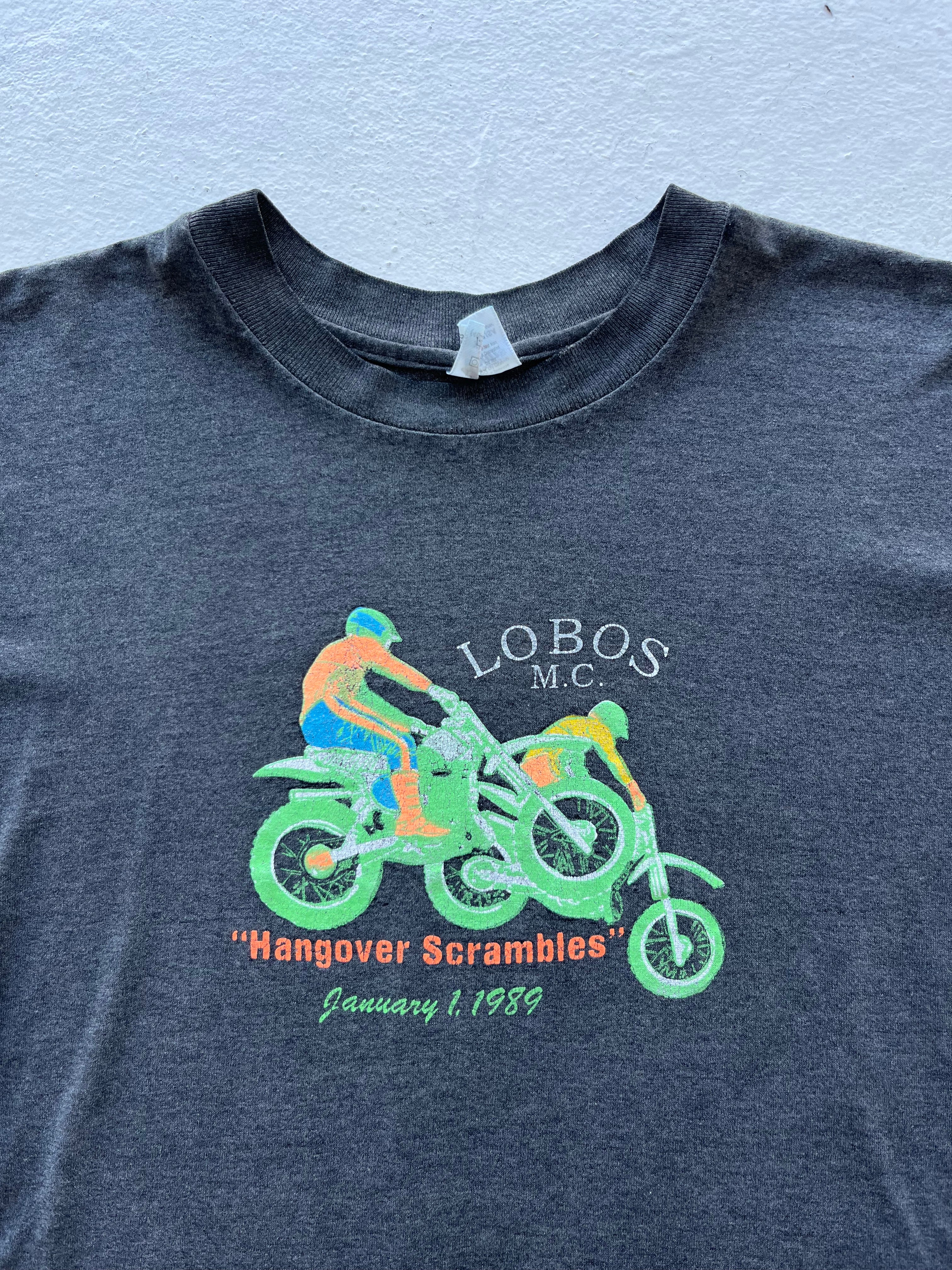 1989 Lobos Motorcycle Club Distressed T-Shirt - Faded Black - XL