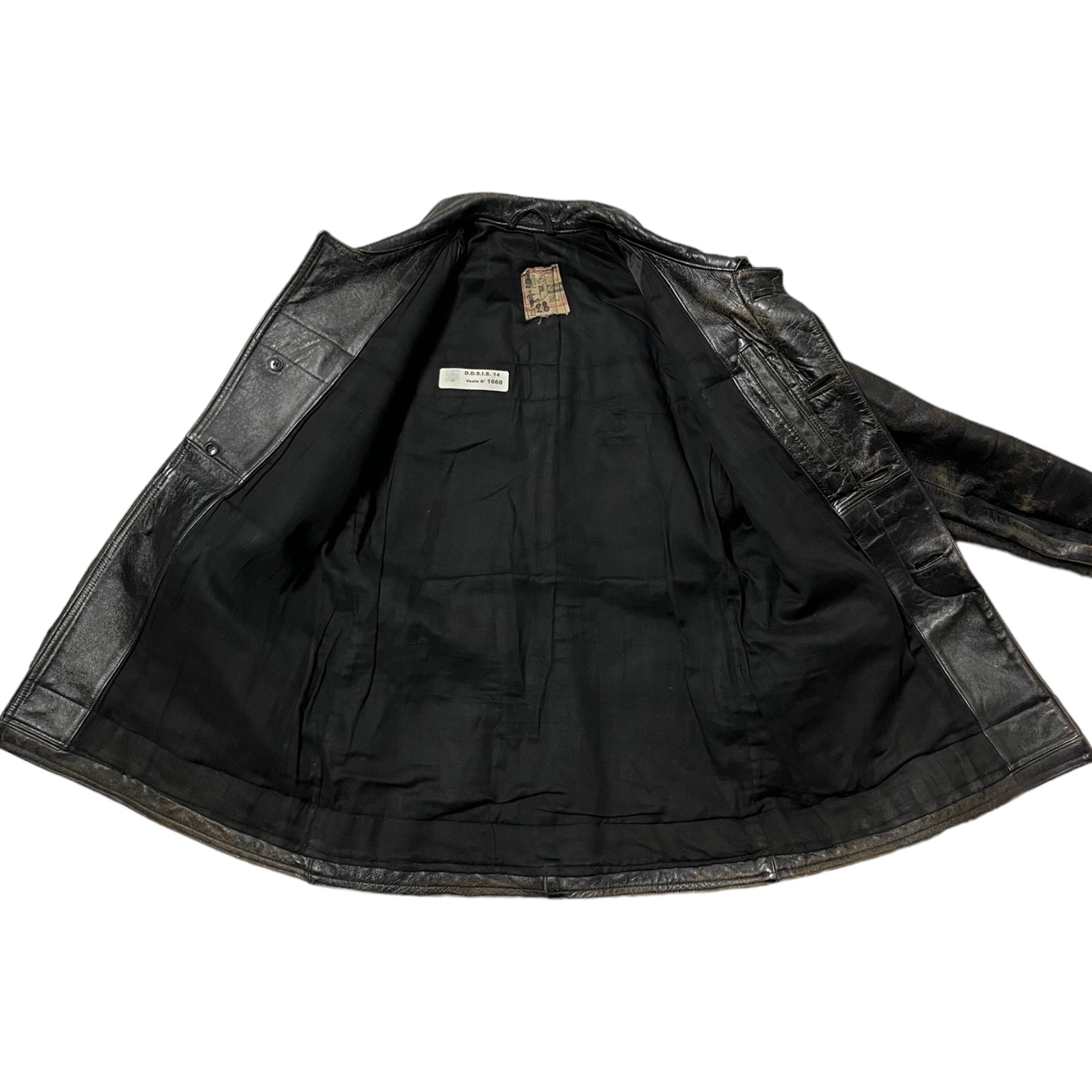 1960s French Leather Fireman Jacket With Velcro - Distressed Black - M