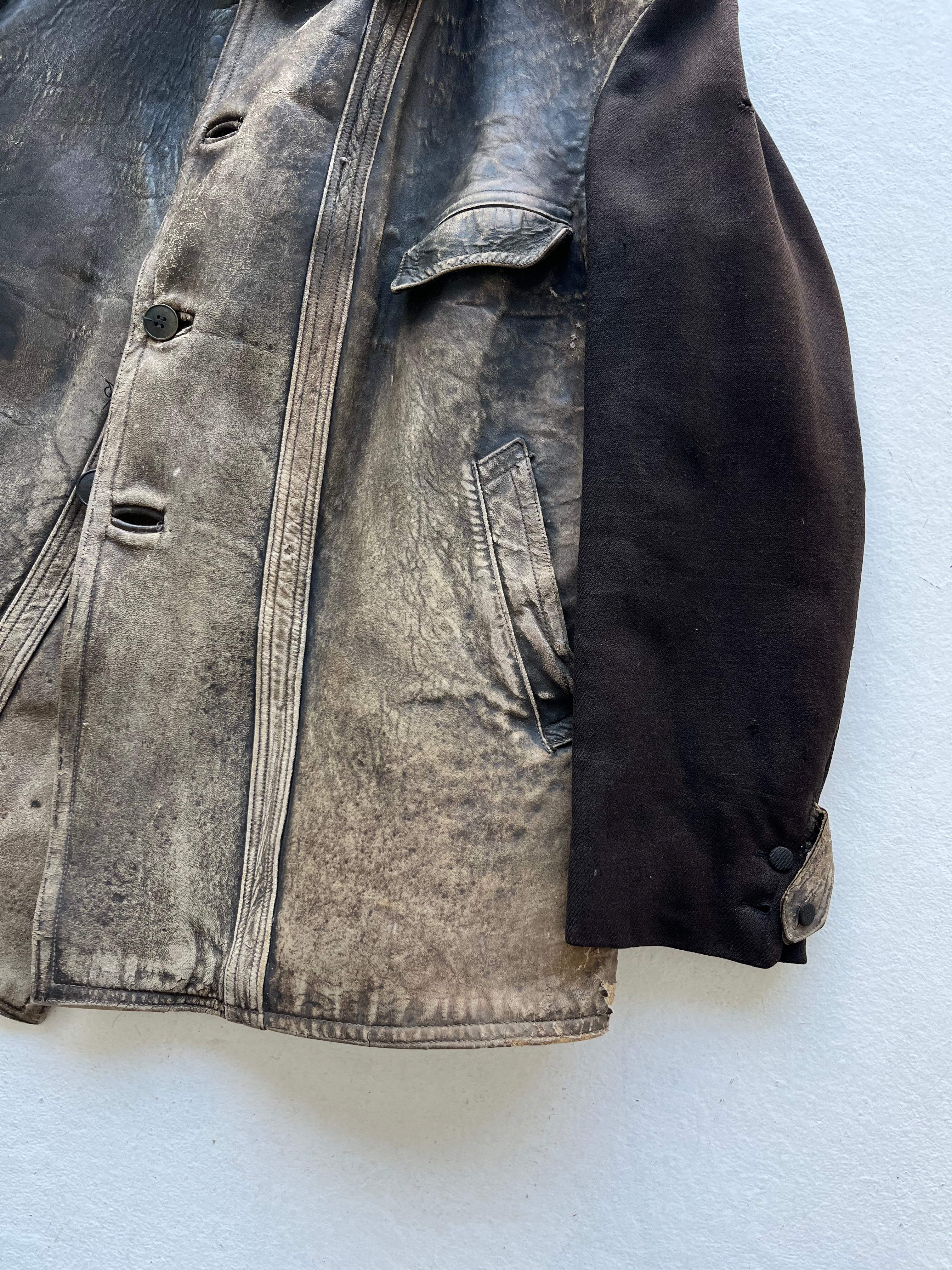 1930s Unusual French ‘Kleber’ Leather Coat with Wool Sleeves - Faded Brown - L