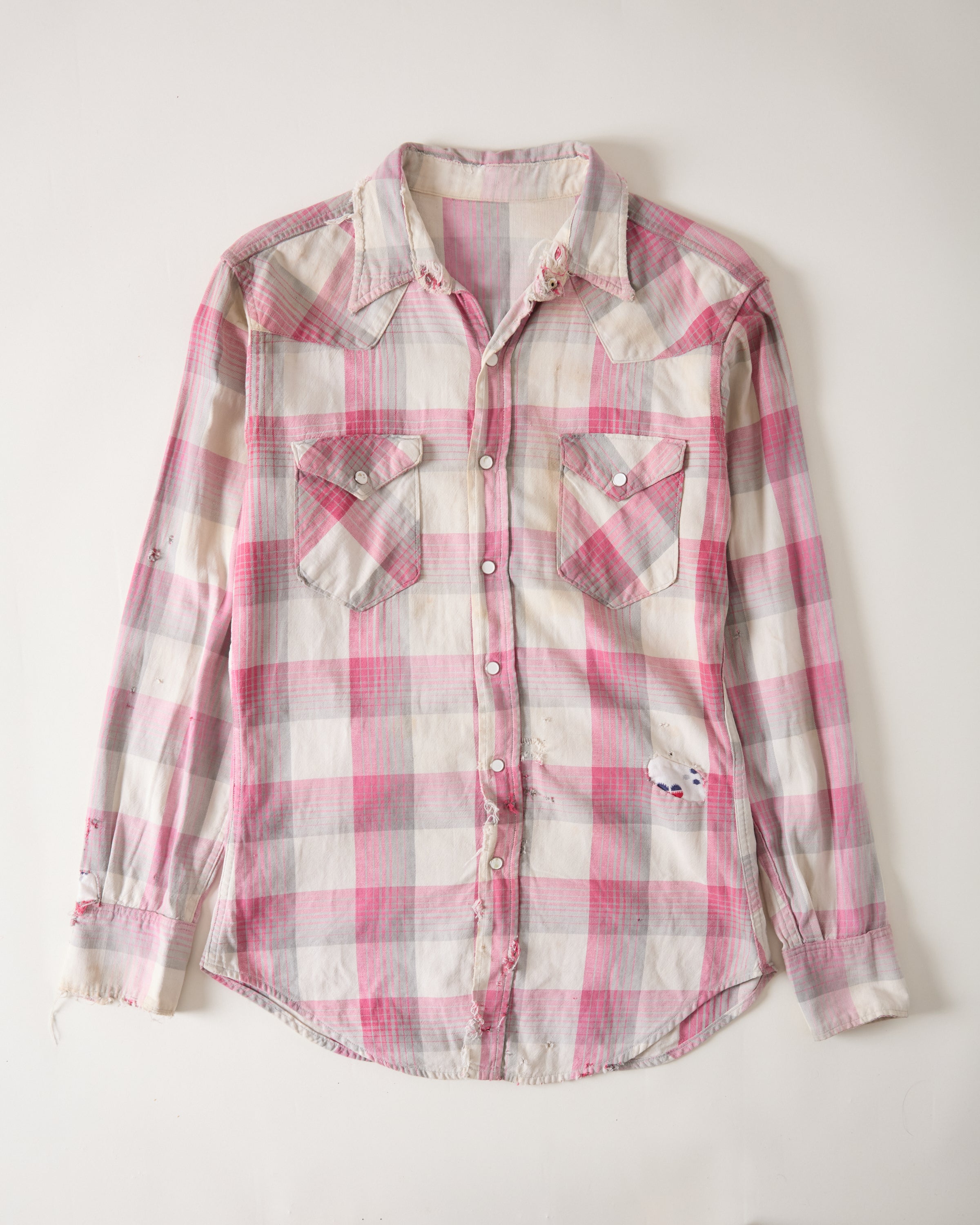 1950s Wrangler ‘Blue Bell’ Distressed Western Snap Shirt - Faded Pink/Eccru - L