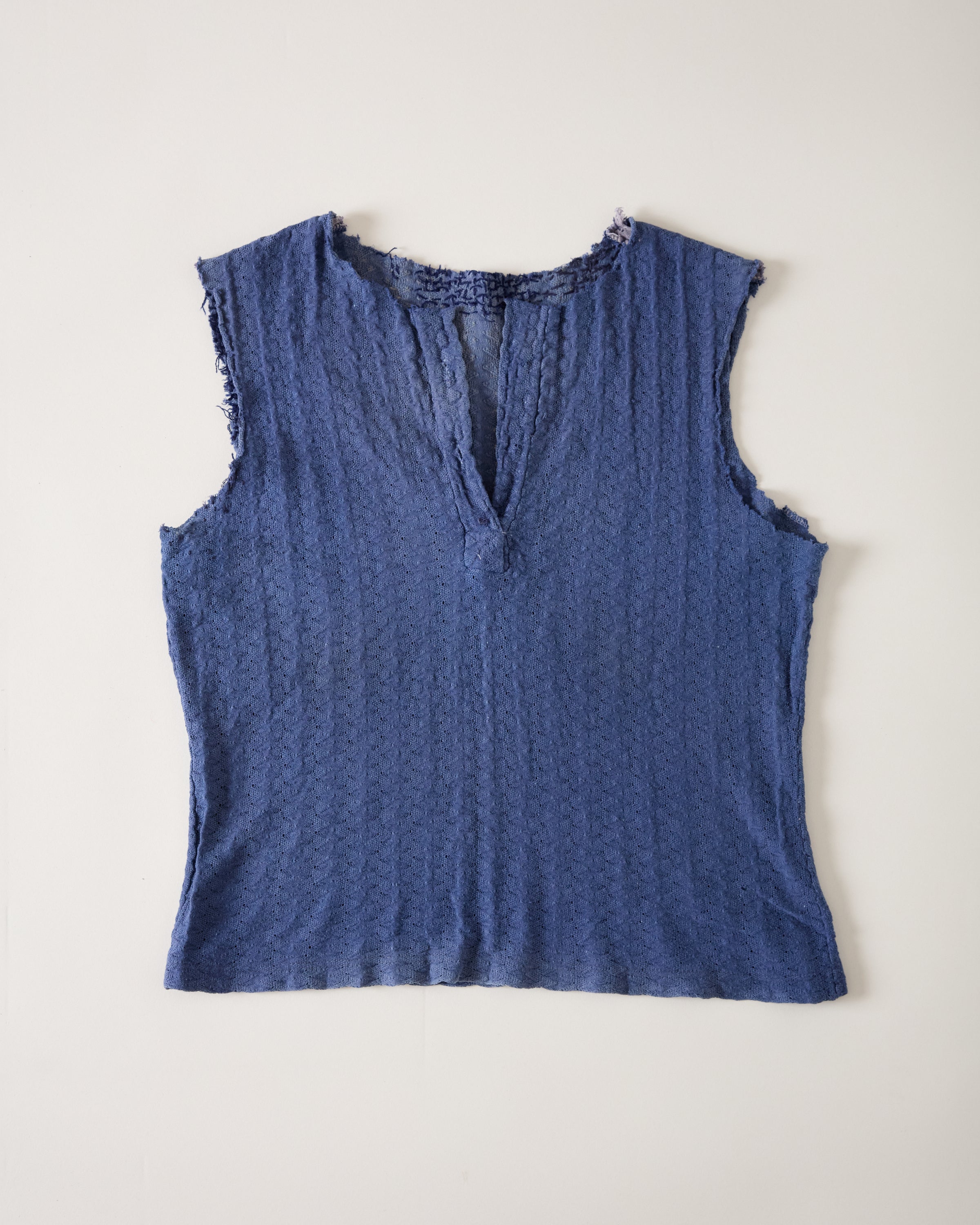 1930/40s French Knit Tank/Blouse with Repairs and Sun Fading - Indigo Blue - S