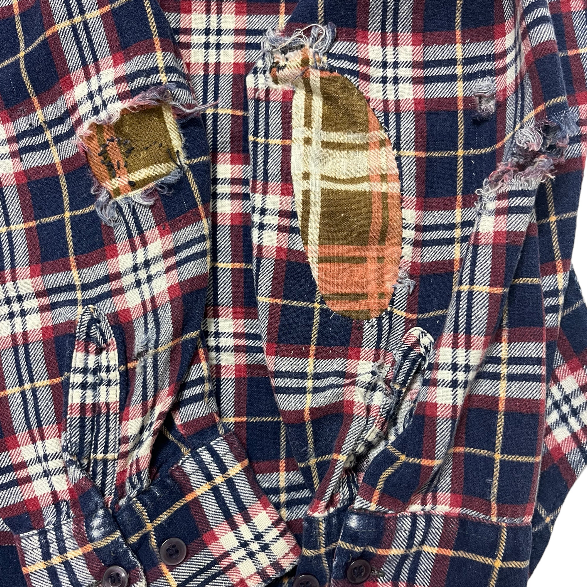 1980s Distressed Flannel with Patches & Repairs - Navy/Red - M/L