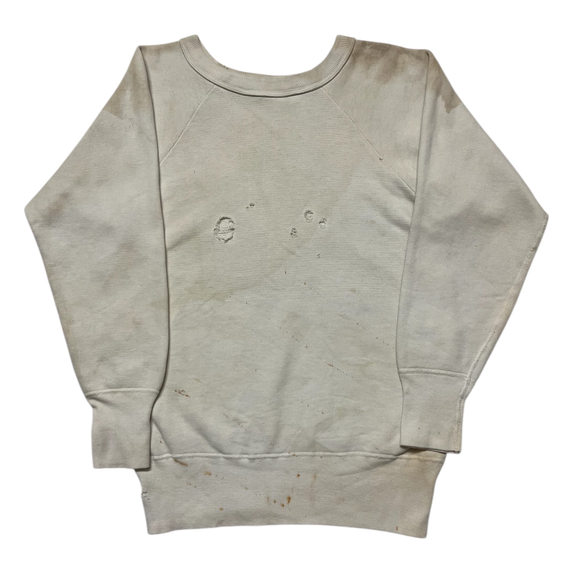 1960s Distressed White ‘Wind Shield’ Raglan Crewneck Sweatshirt - Aged White - M/L