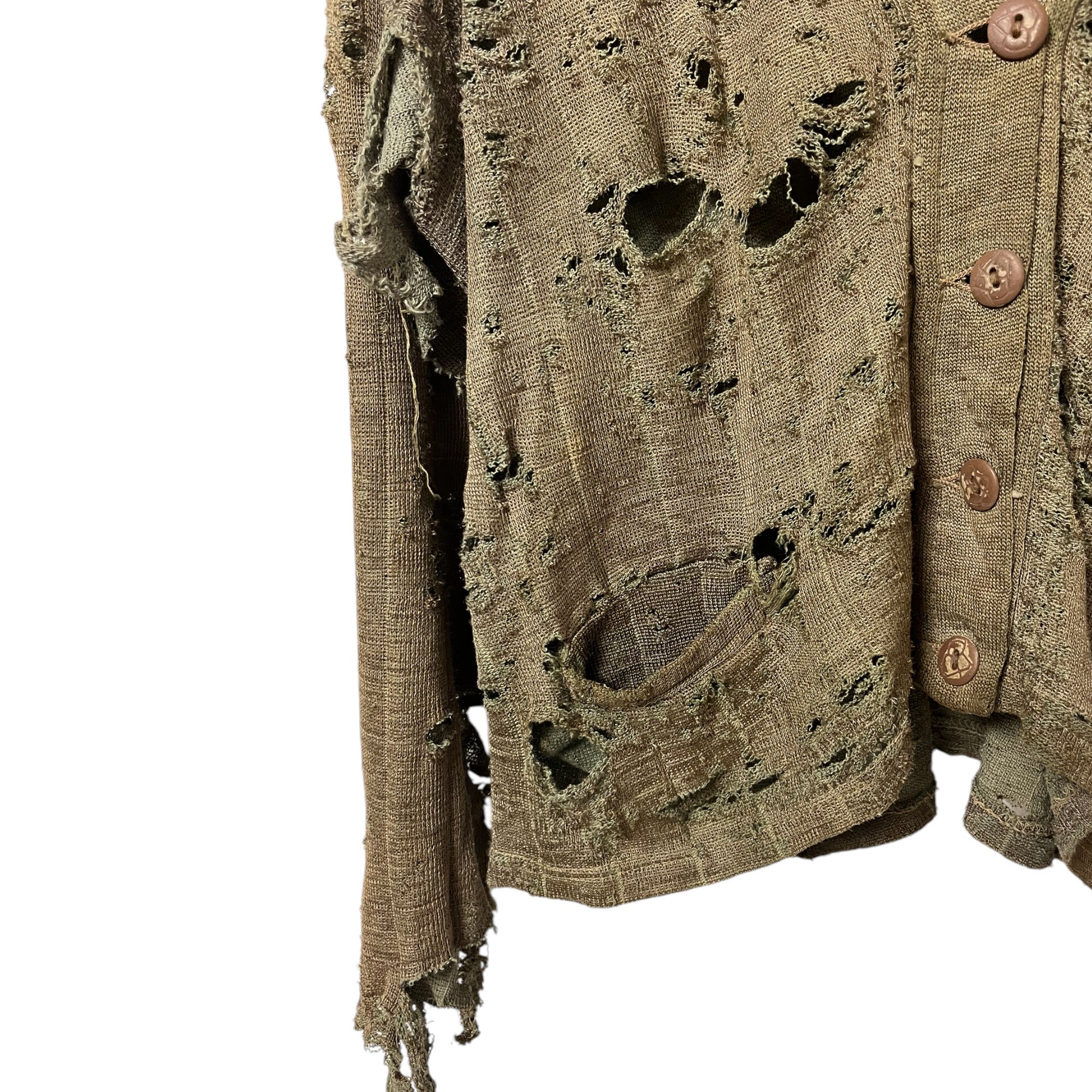 1940s Extensively Thrashed Wool Cardigan - Olive Drab - S