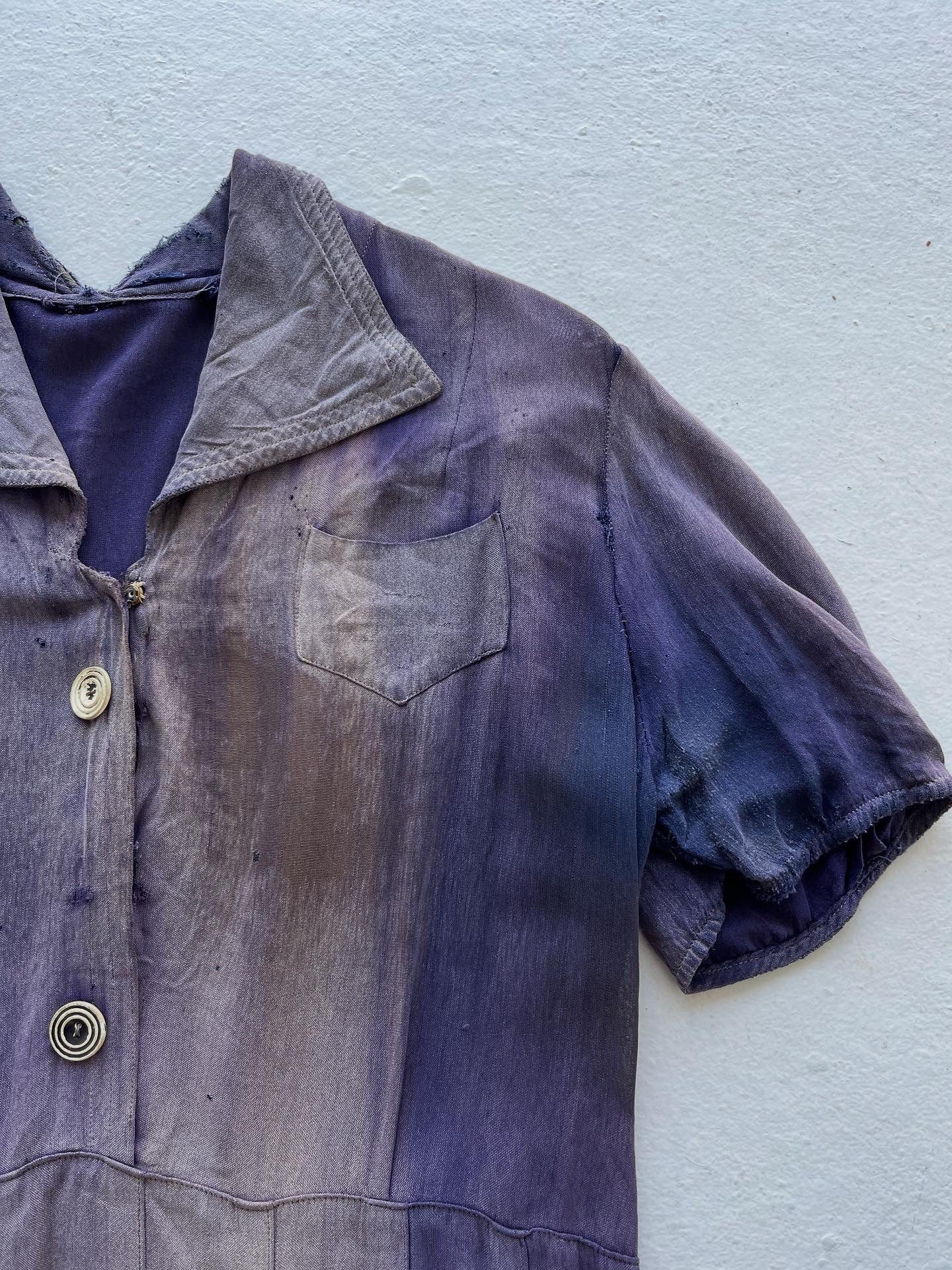 1930s Sun Faded, Thrashed & Repaired Cotton-Linen Farm Dress - Faded Purple - One Size