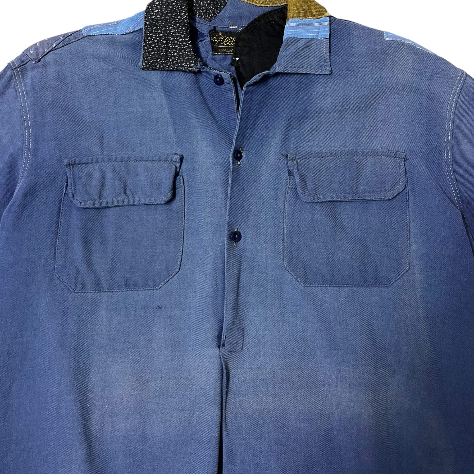 1930s/40s Repaired & Patched French Work Shirt/Smock Shirt - Faded Blue - L
