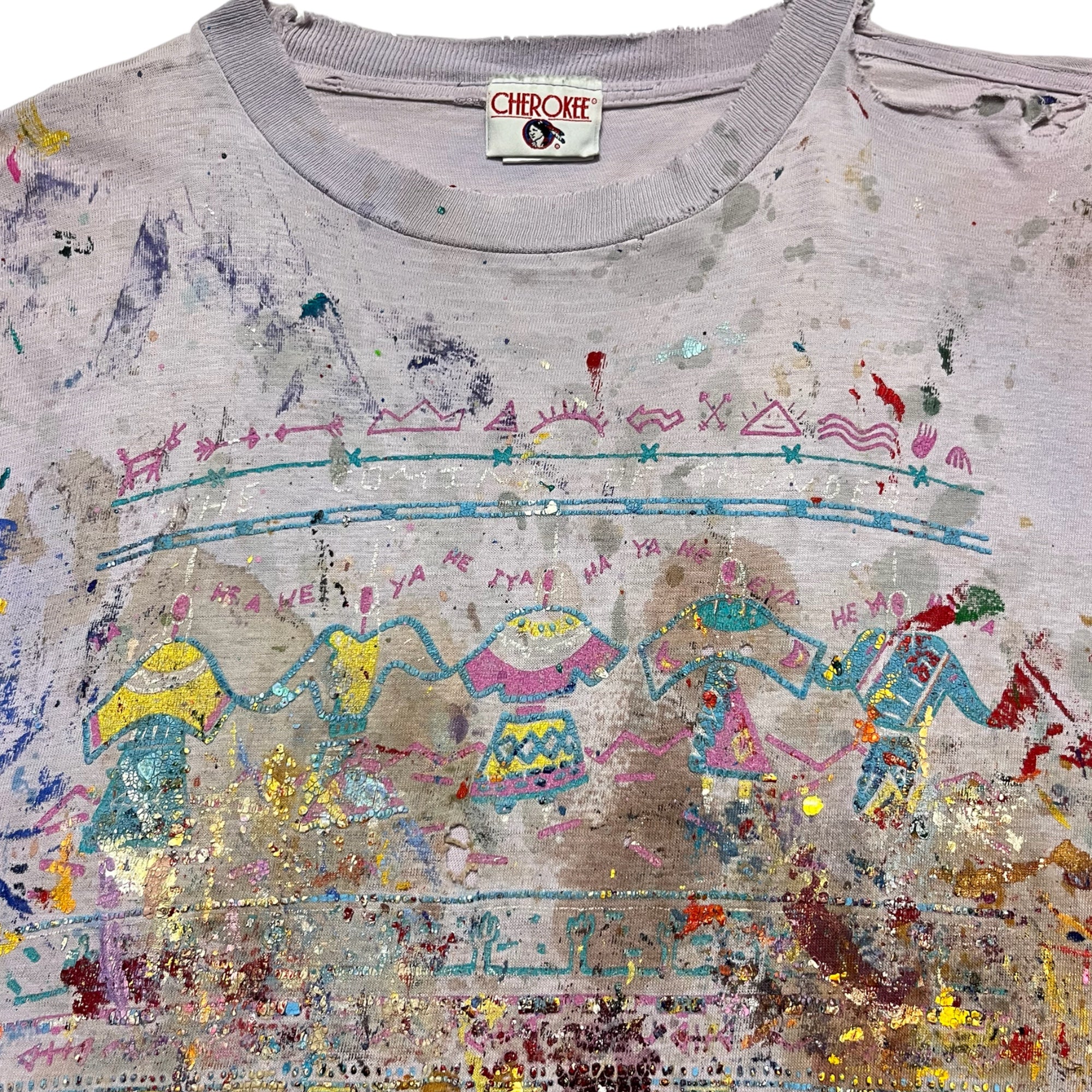 ‘90s Distressed Heavily Painted T-Shirt - Faded Lavender/Multicolor - M/L