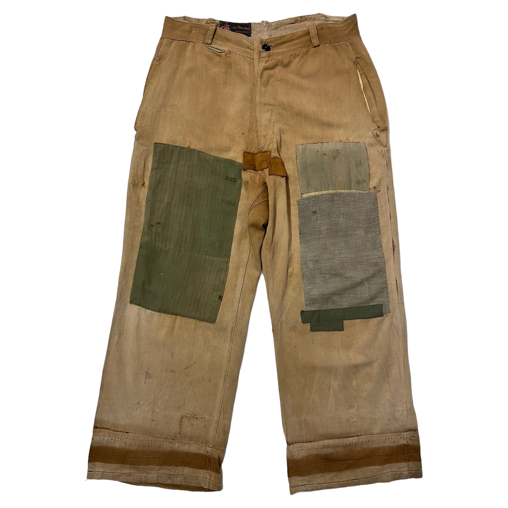 1930s Au Molinel French Tan Moleskin Heavily Repaired Work Trousers - Faded Tan - 30/27