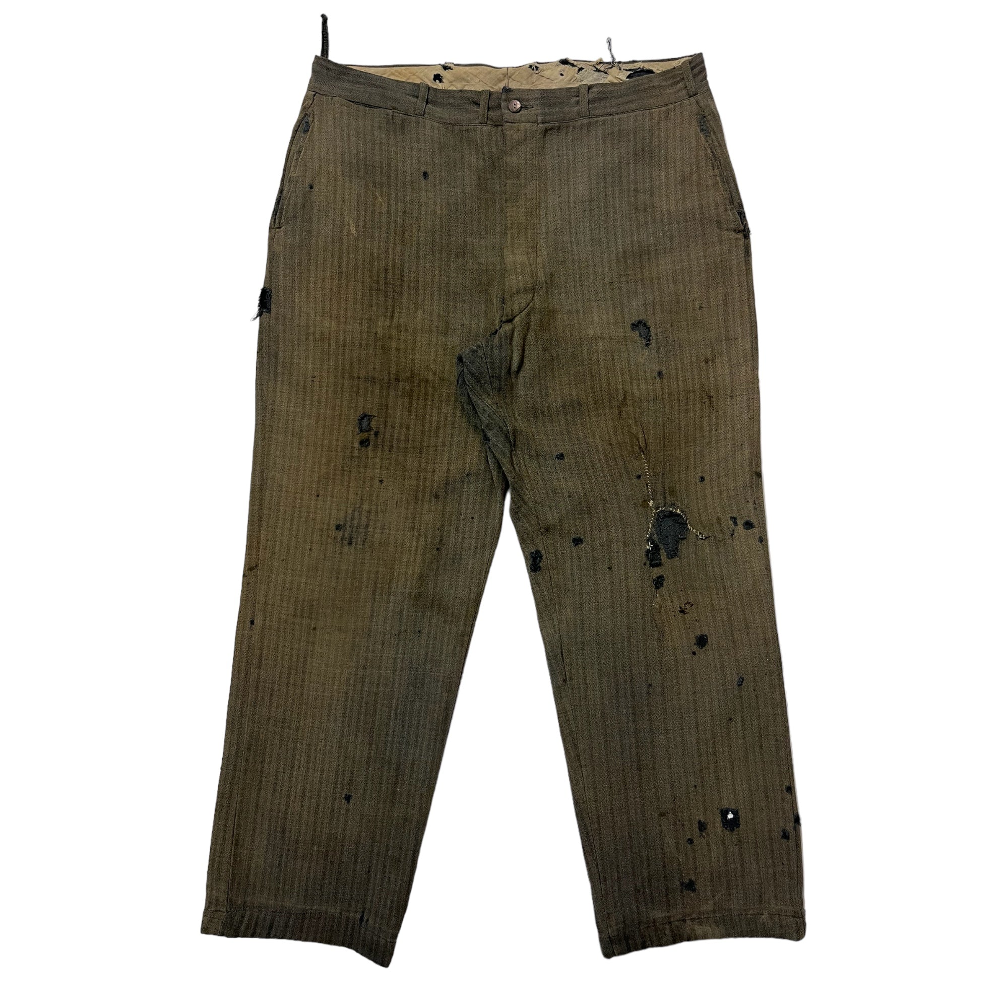 1940s/50s Distressed Striped Twill Work Pants - Faded Olive Drab - 35x28