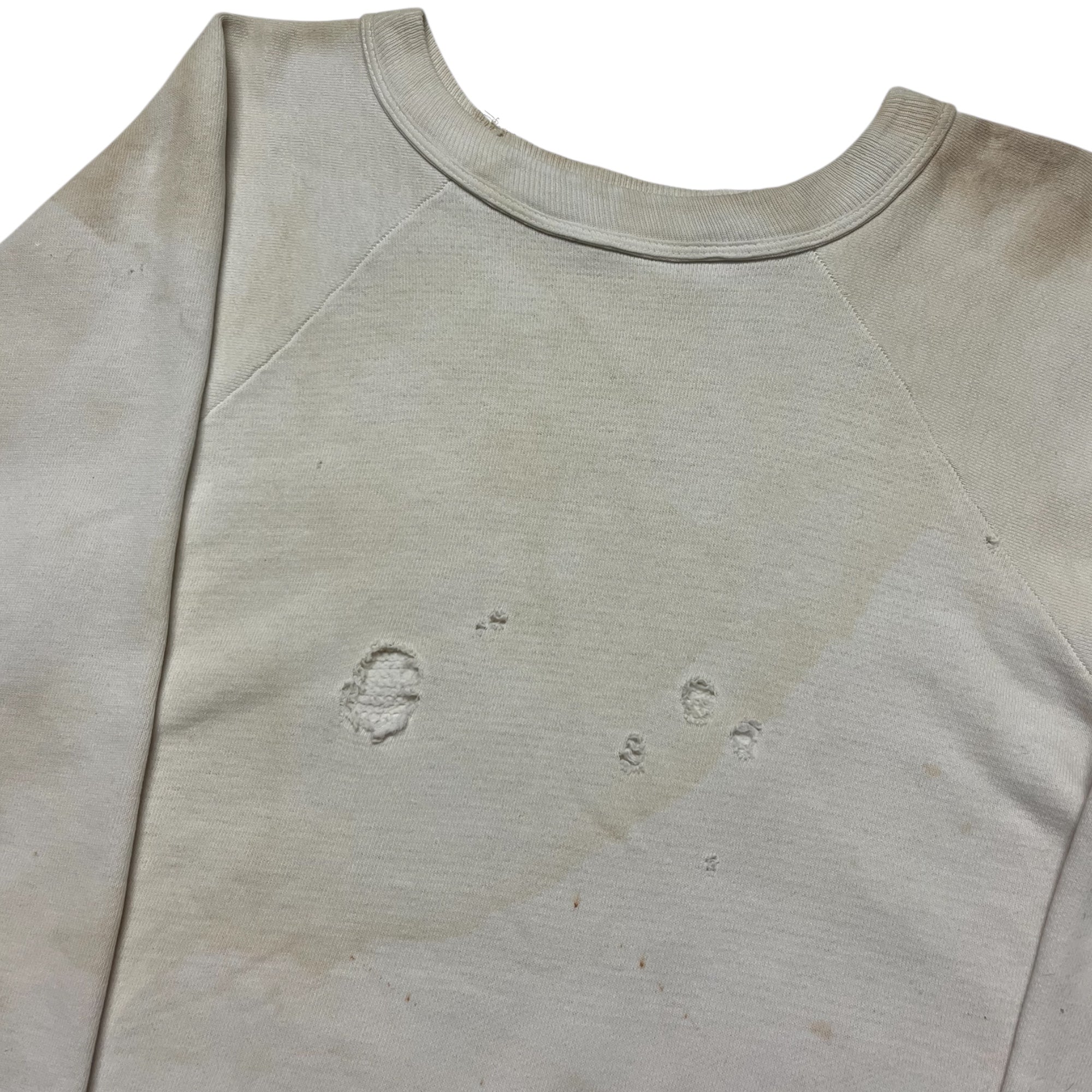 1960s Distressed White ‘Wind Shield’ Raglan Crewneck Sweatshirt - Aged White - M/L
