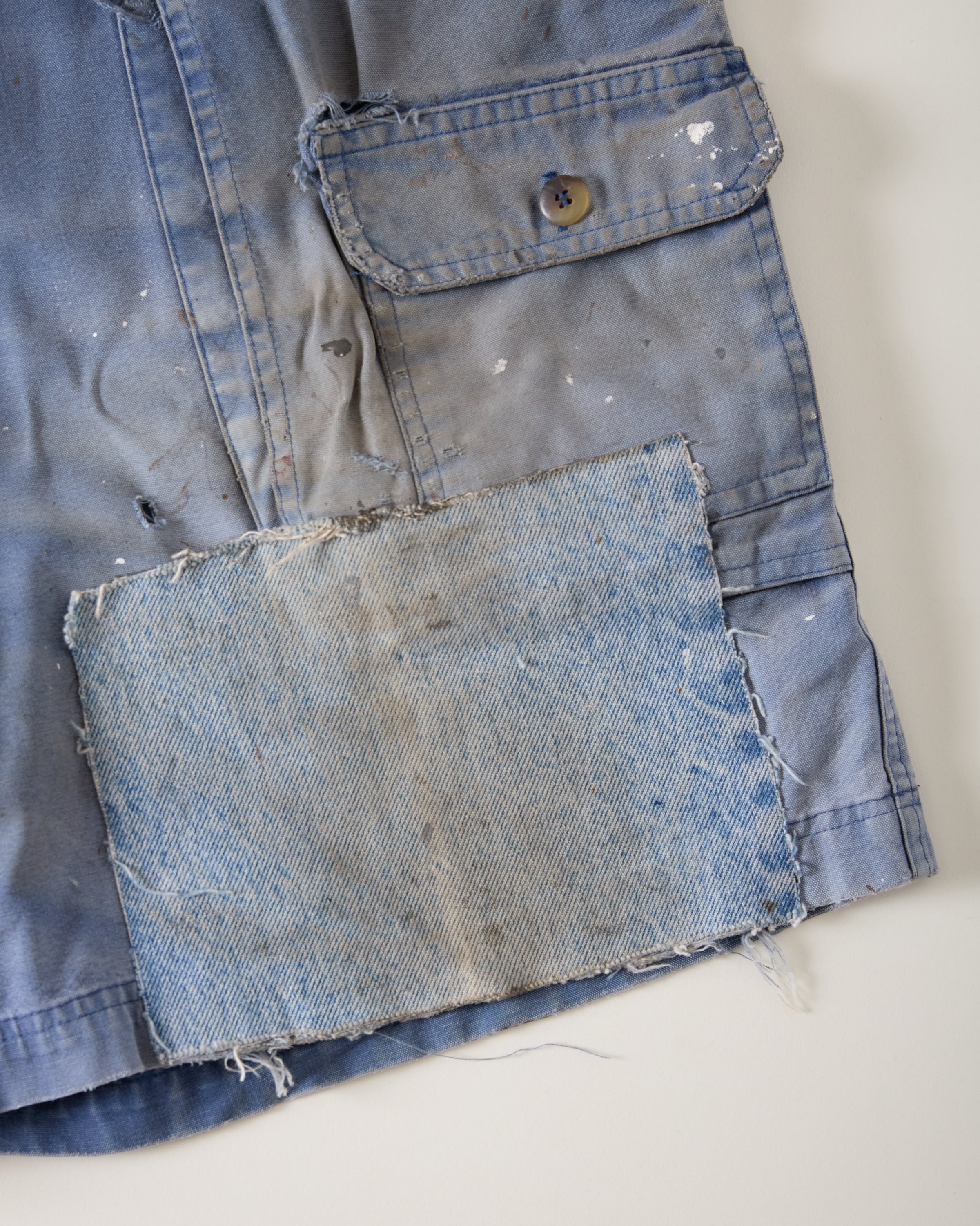 1980s Distressed Cargo Shorts with Denim Patch Repairs - Faded Blue - 36”