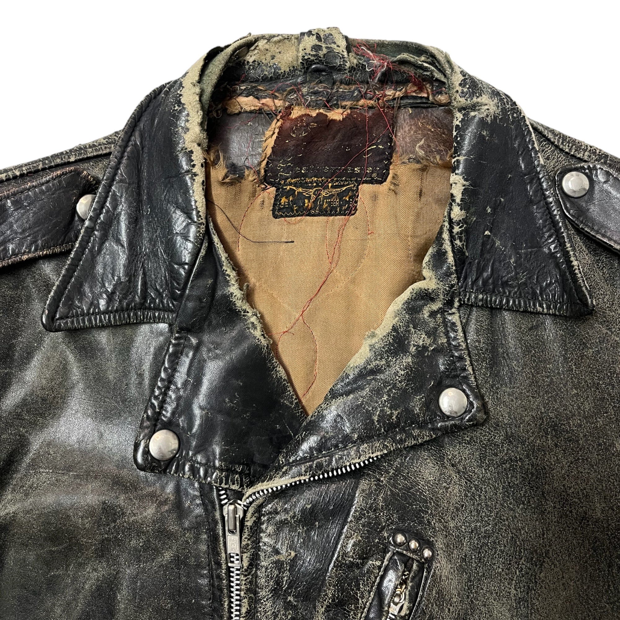 1950s Distressed Steer-hide Leather Biker Jacket - Black - S