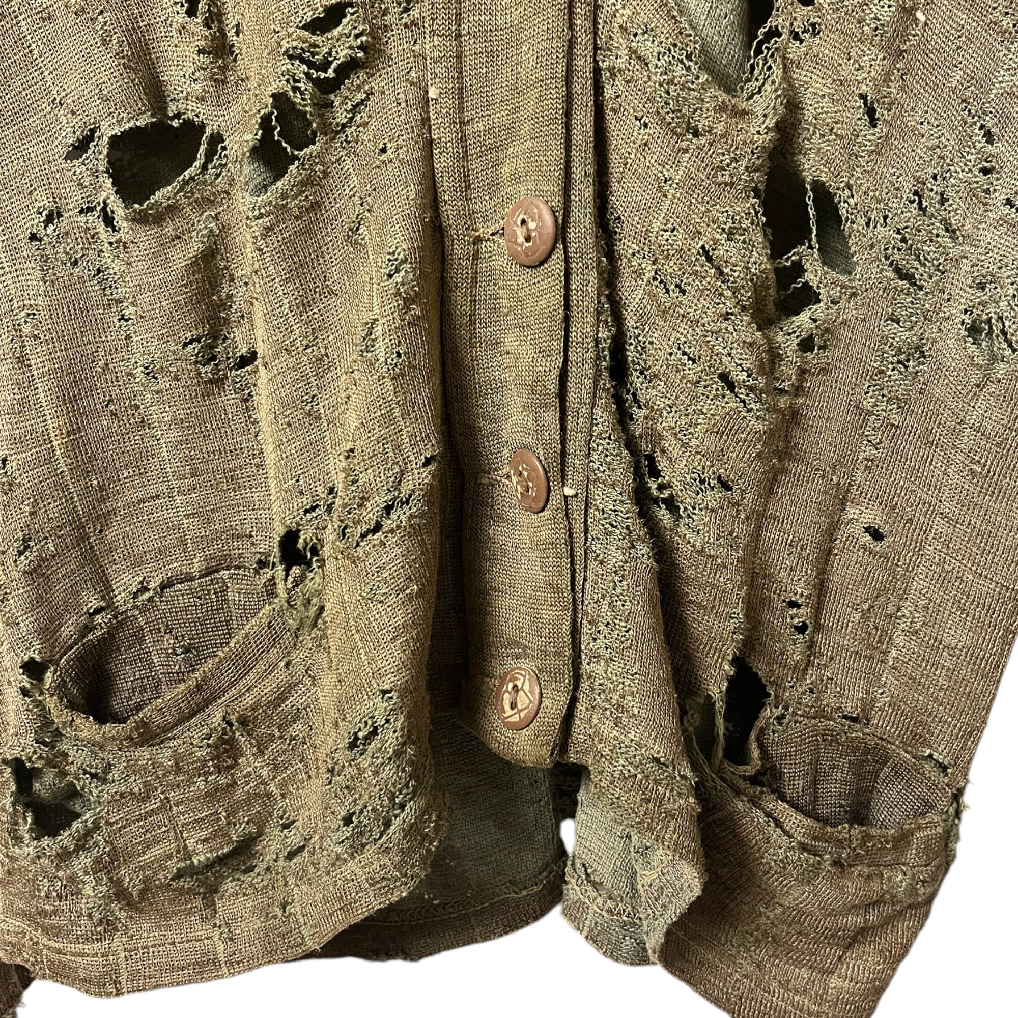 1940s Extensively Thrashed Wool Cardigan - Olive Drab - S