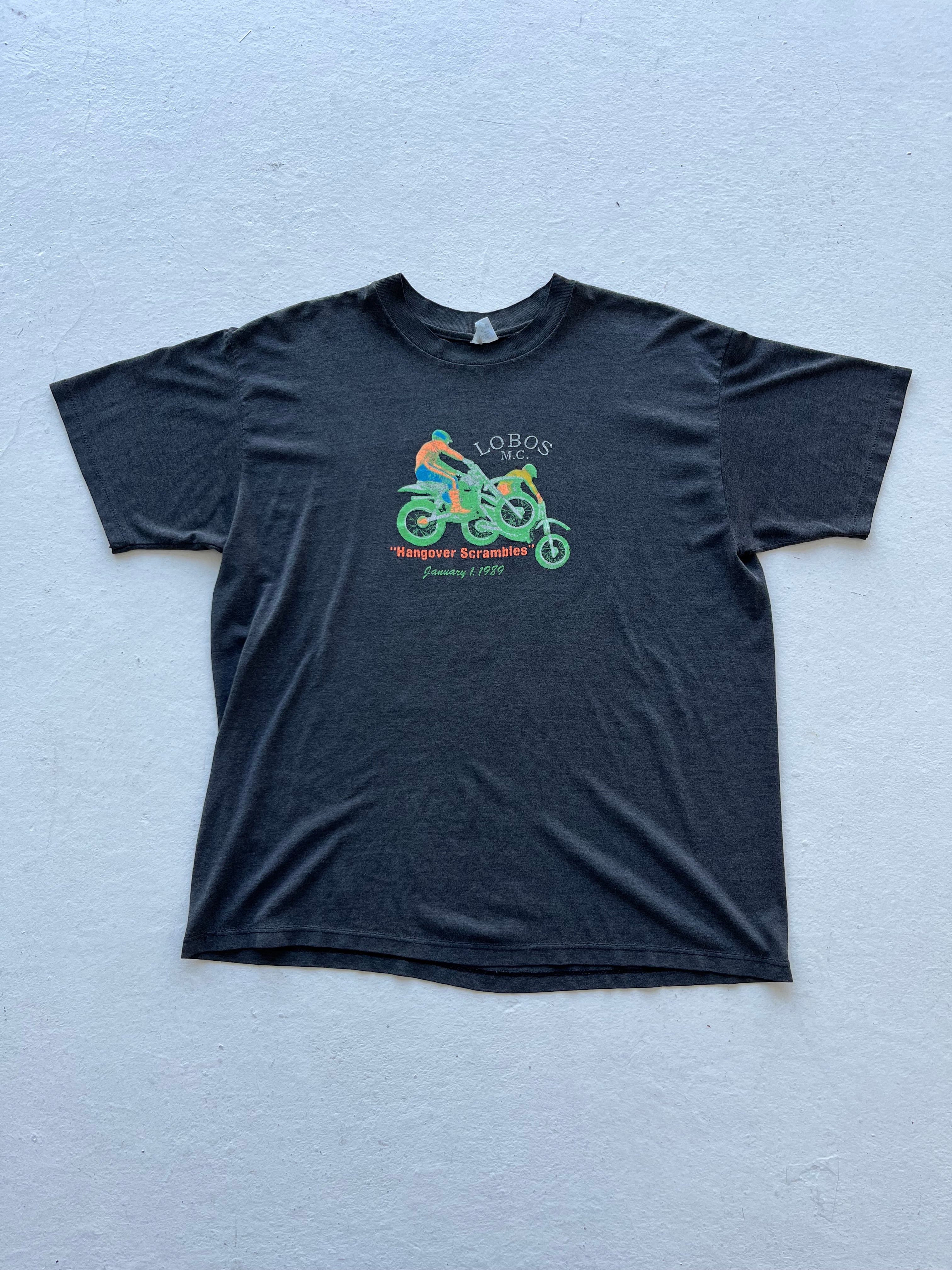 1989 Lobos Motorcycle Club Distressed T-Shirt - Faded Black - XL