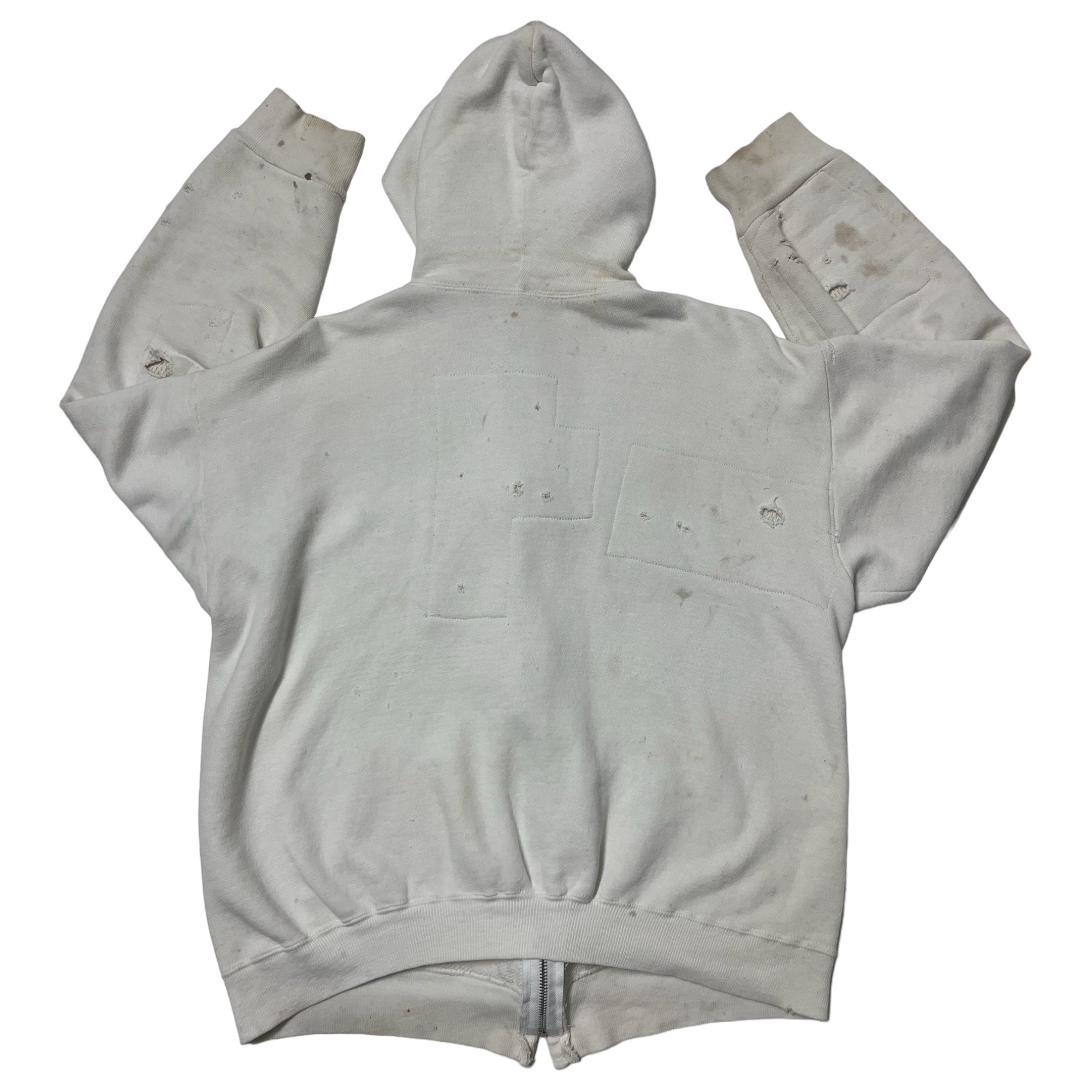 1970s Distressed & Repaired Zip-Up Hooded Sweatshirt - Aged Ecru/White - S/M
