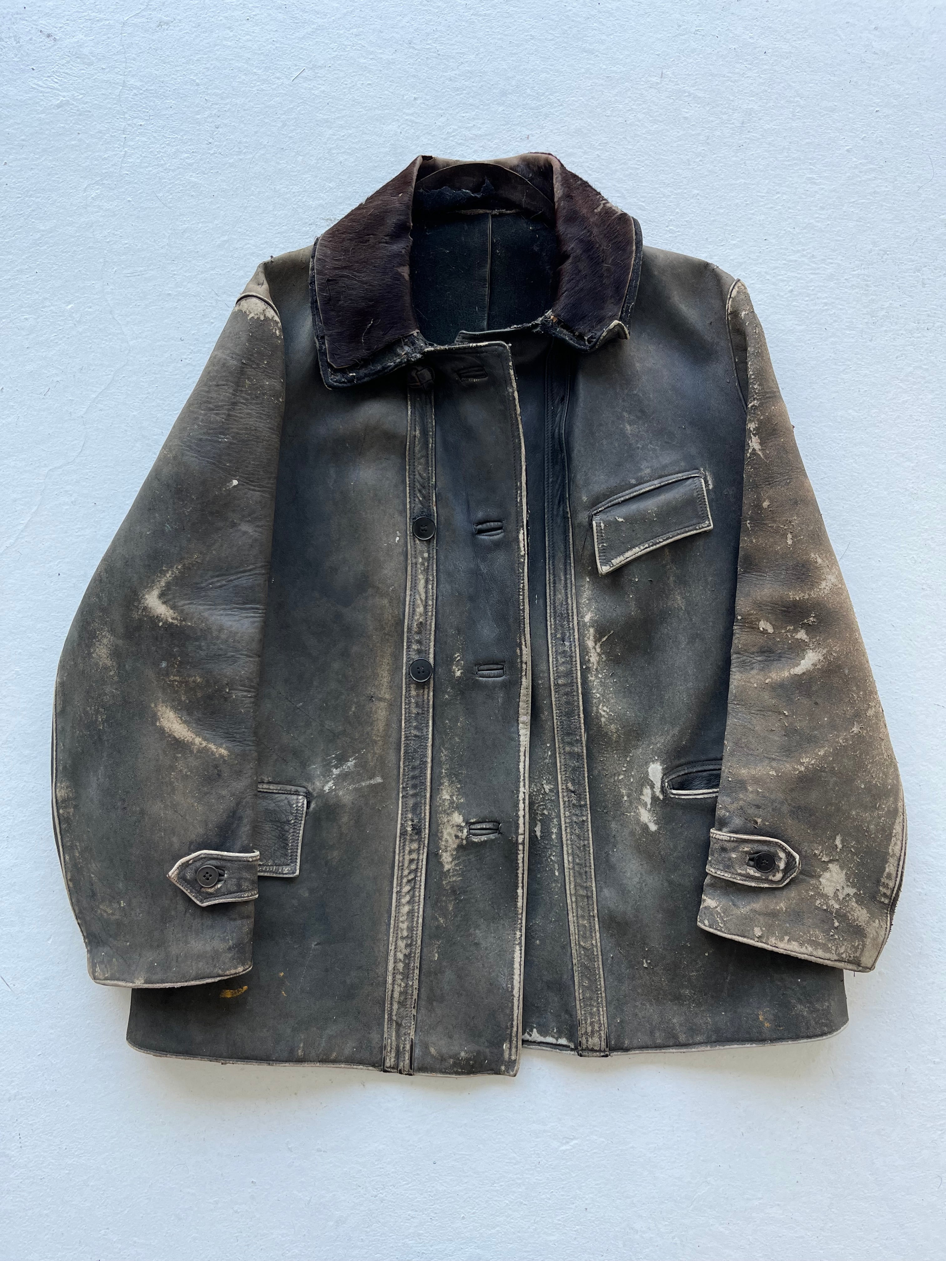 1920/30s Distressed French Leather Coat with Horsehair Collar - Faded Black/Tan - M/L