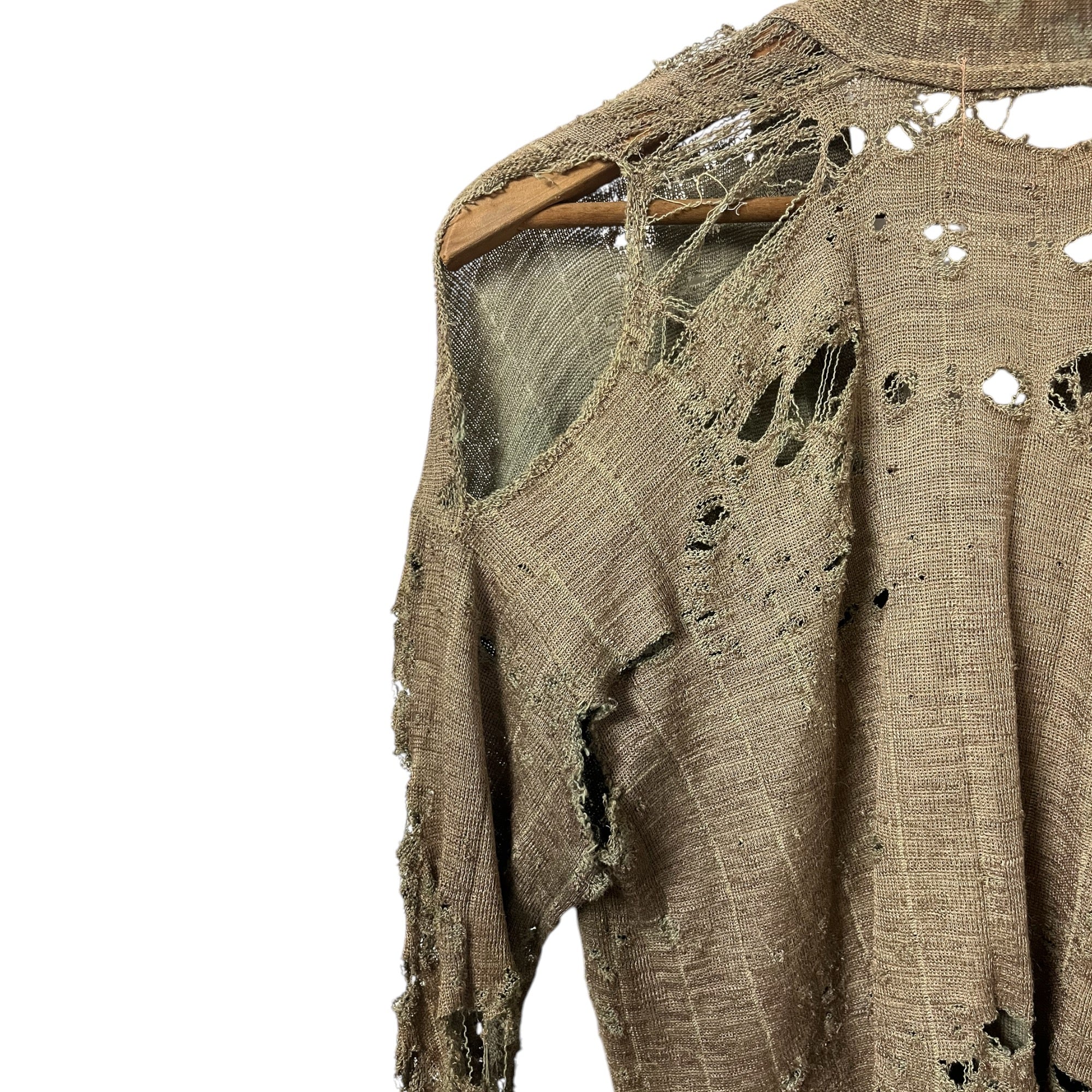 1940s Extensively Thrashed Wool Cardigan - Olive Drab - S