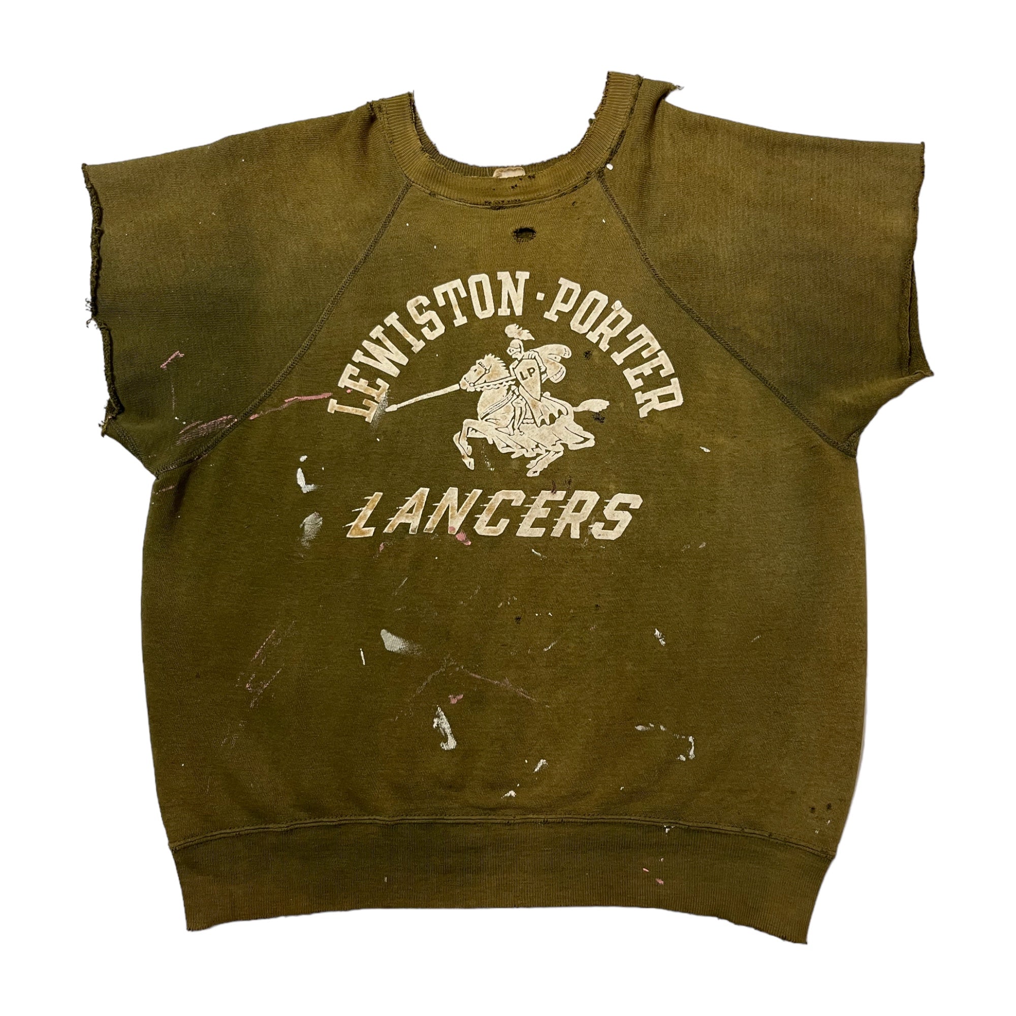 Early ‘60s Lewiston-Porter Lancers Flock Graphic Thrashed Cutoff Crewneck Sweatshirt - Faded Olive - M/L