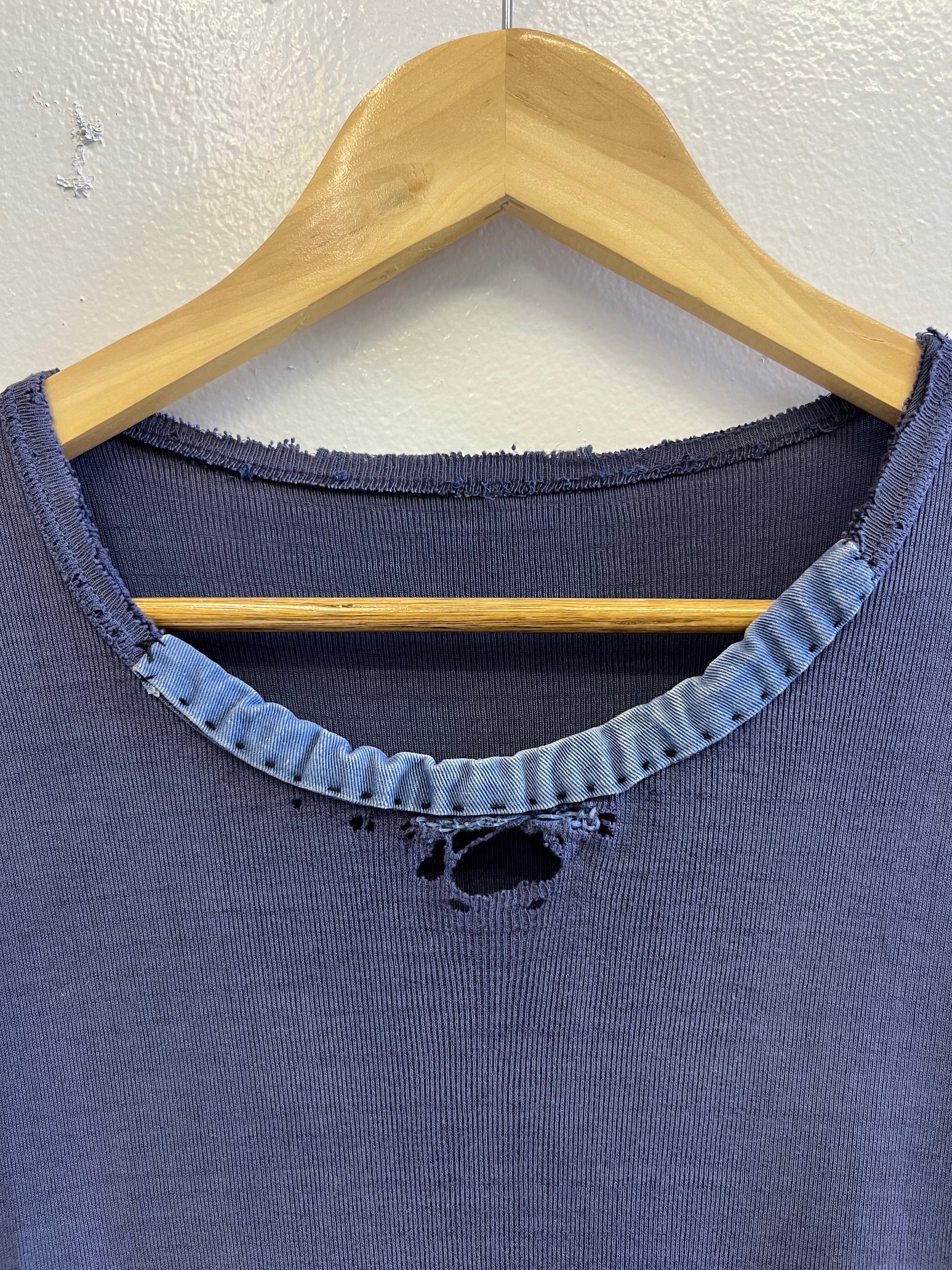 1940/50s Distressed & Repaired French Ribbed Work T-Shirt - Faded Indigo Blue - S/M