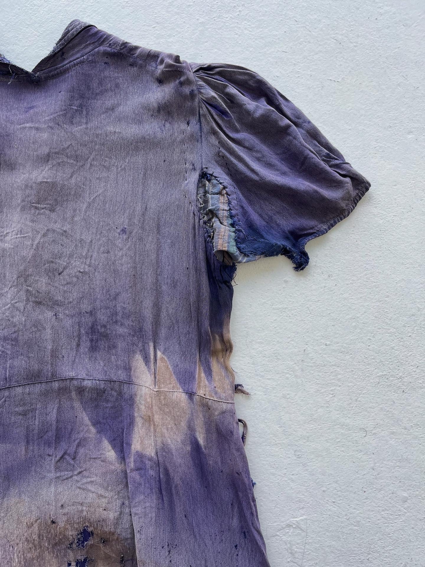 1930s Sun Faded, Thrashed & Repaired Cotton-Linen Farm Dress - Faded Purple - One Size
