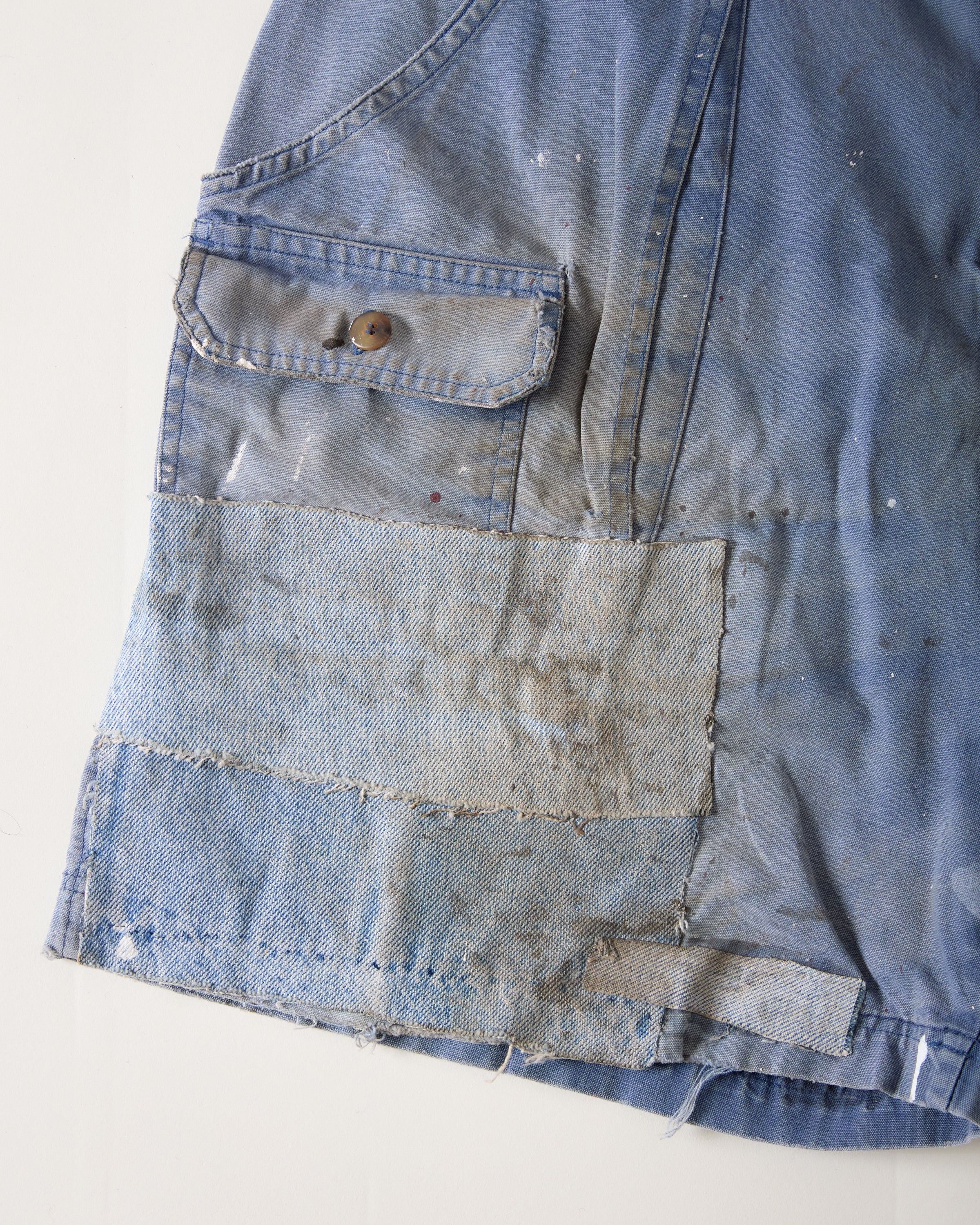 1980s Distressed Cargo Shorts with Denim Patch Repairs - Faded Blue - 36”