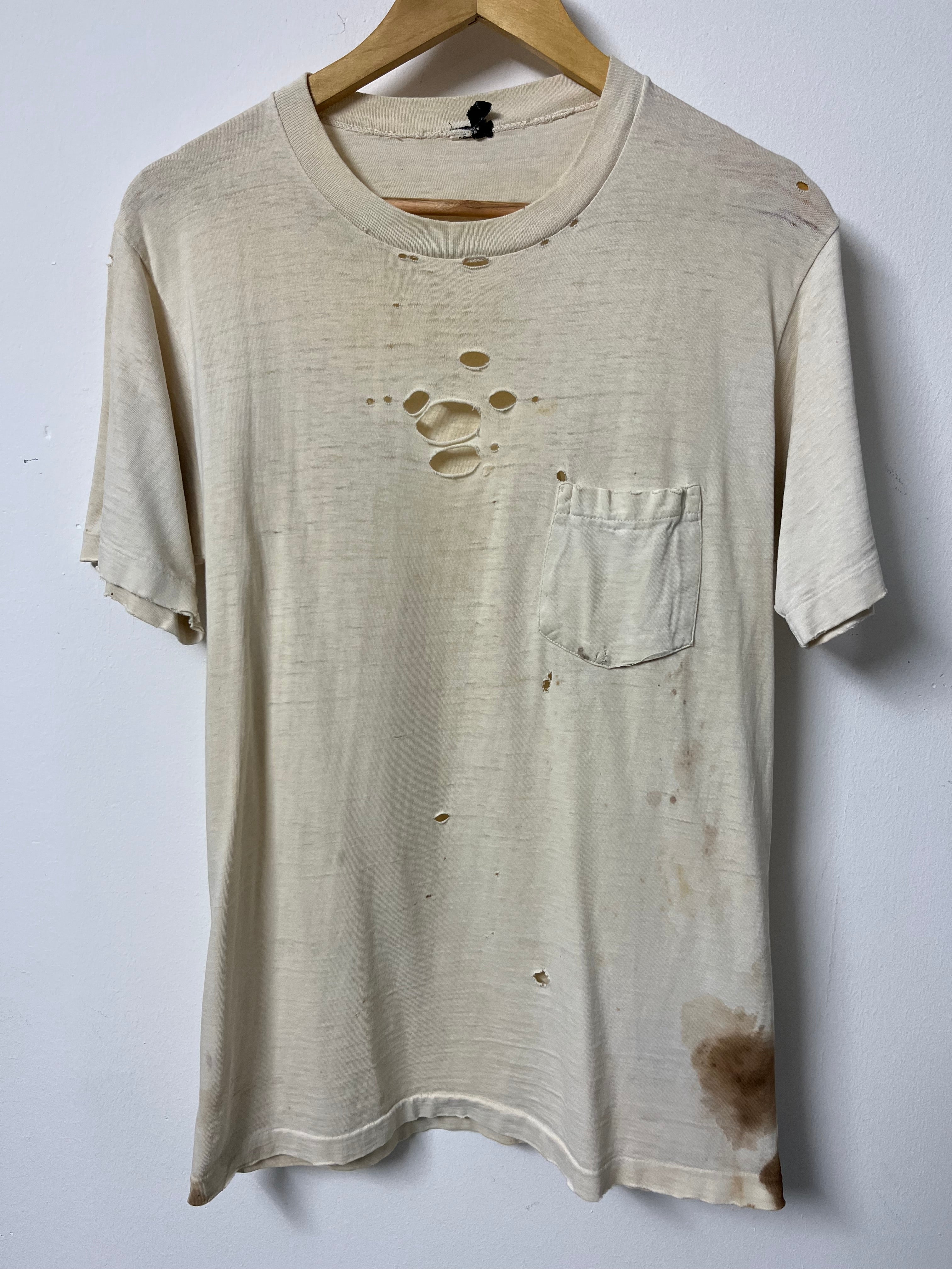 1960s White Thrashed Pocket T-Shirt - Aged White - L