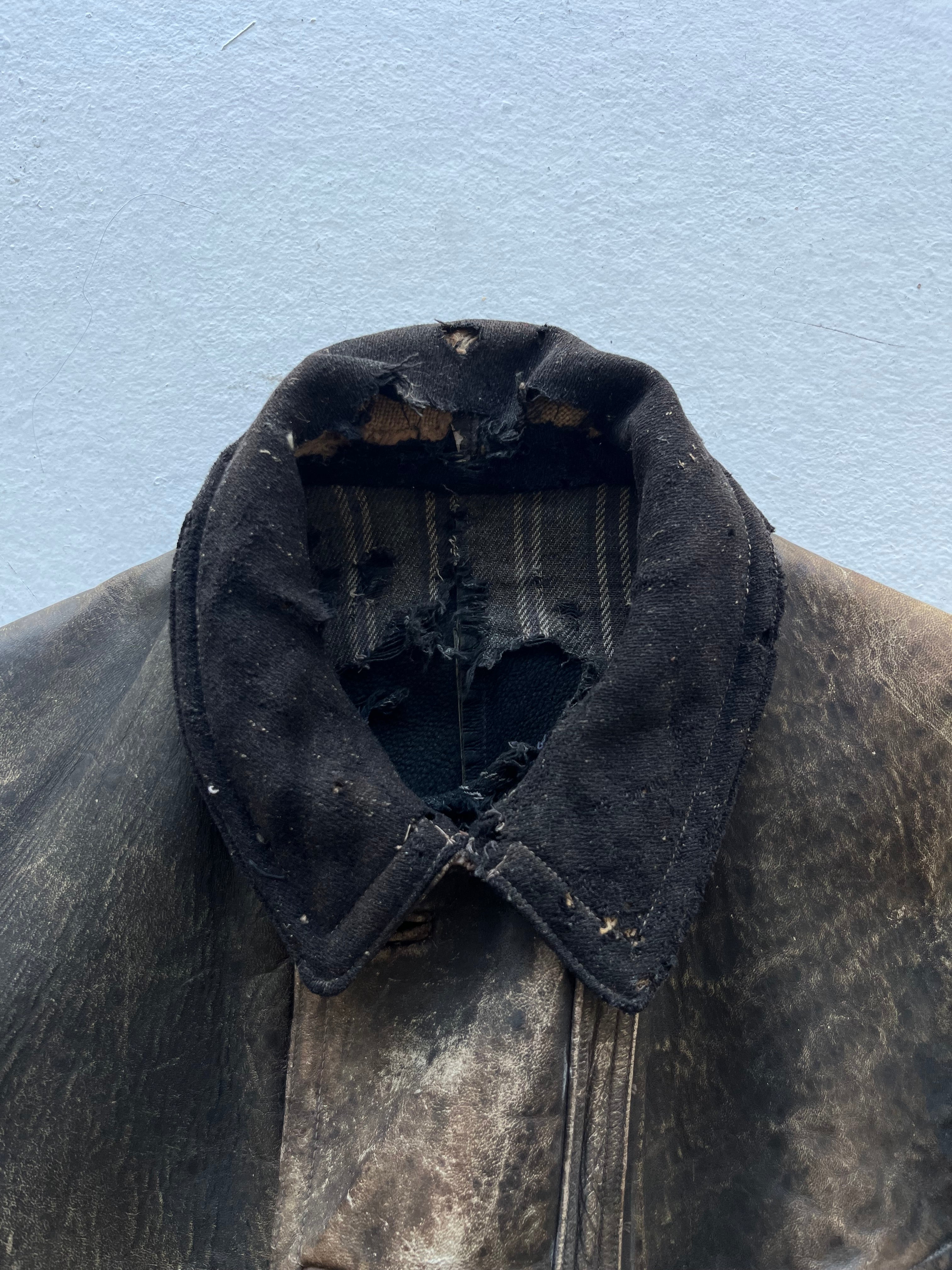 1930s Unusual French ‘Kleber’ Leather Coat with Wool Sleeves - Faded Brown - L