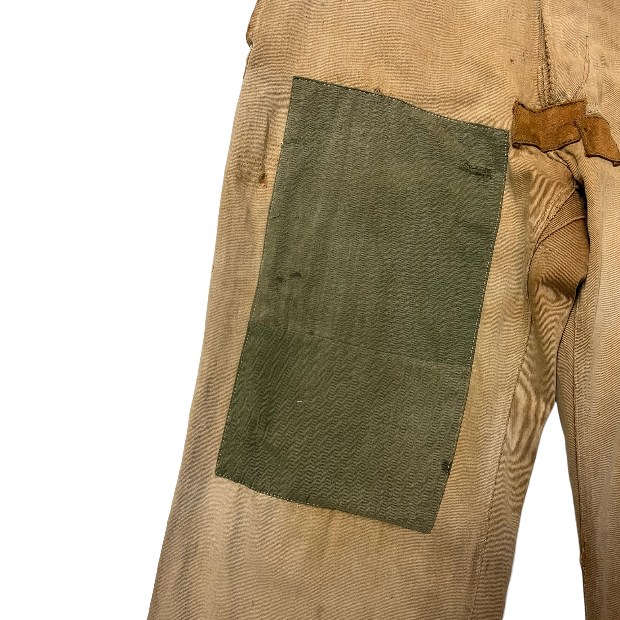 1930s Au Molinel French Tan Moleskin Heavily Repaired Work Trousers - Faded Tan - 30/27