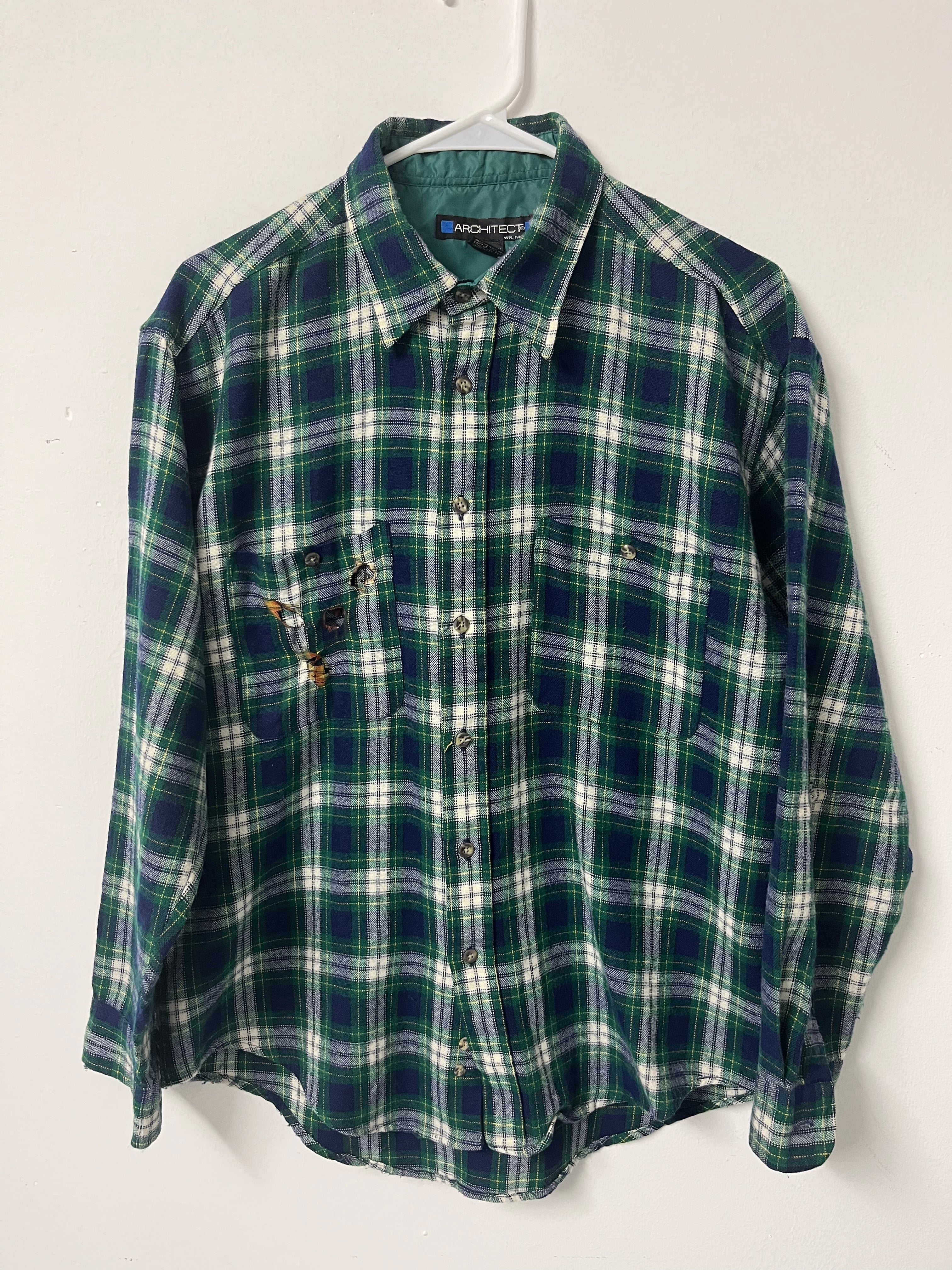 90s Burned Pocket Flannel - Green/Navy - M/L