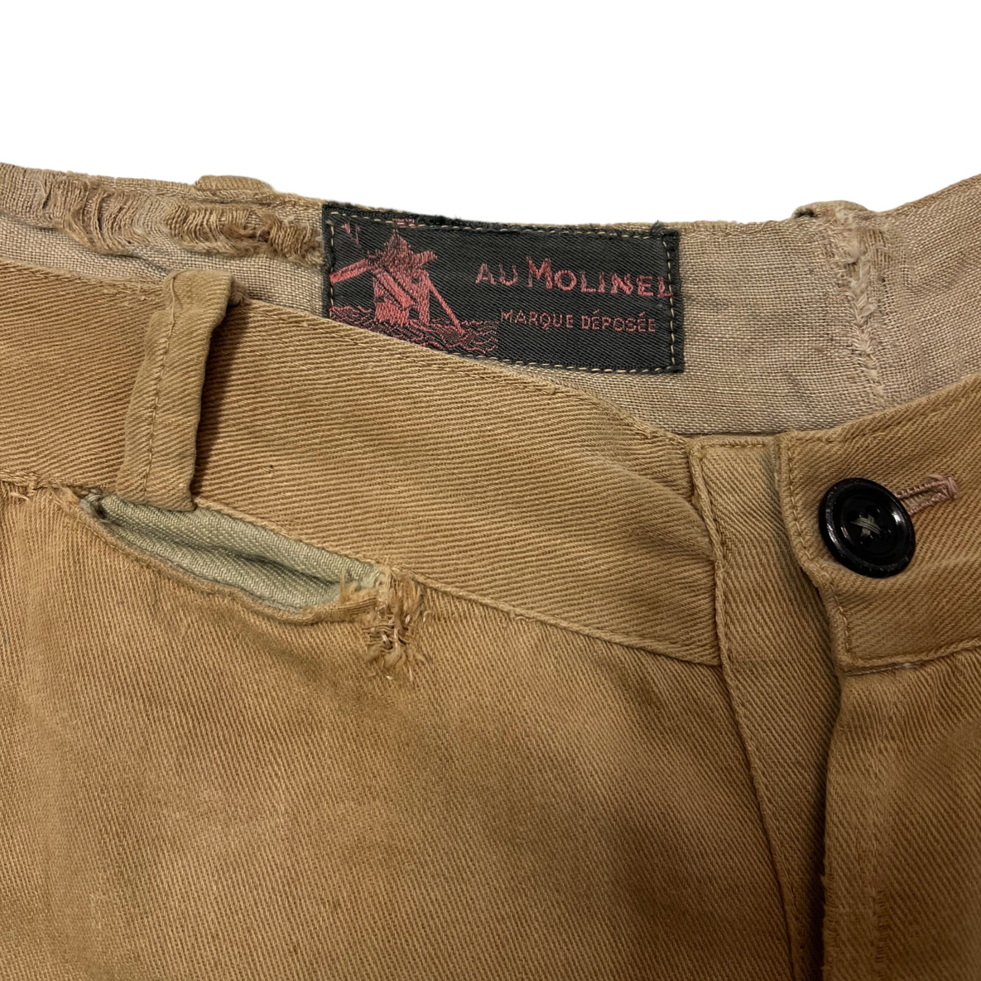 1930s Au Molinel French Tan Moleskin Heavily Repaired Work Trousers - Faded Tan - 30/27