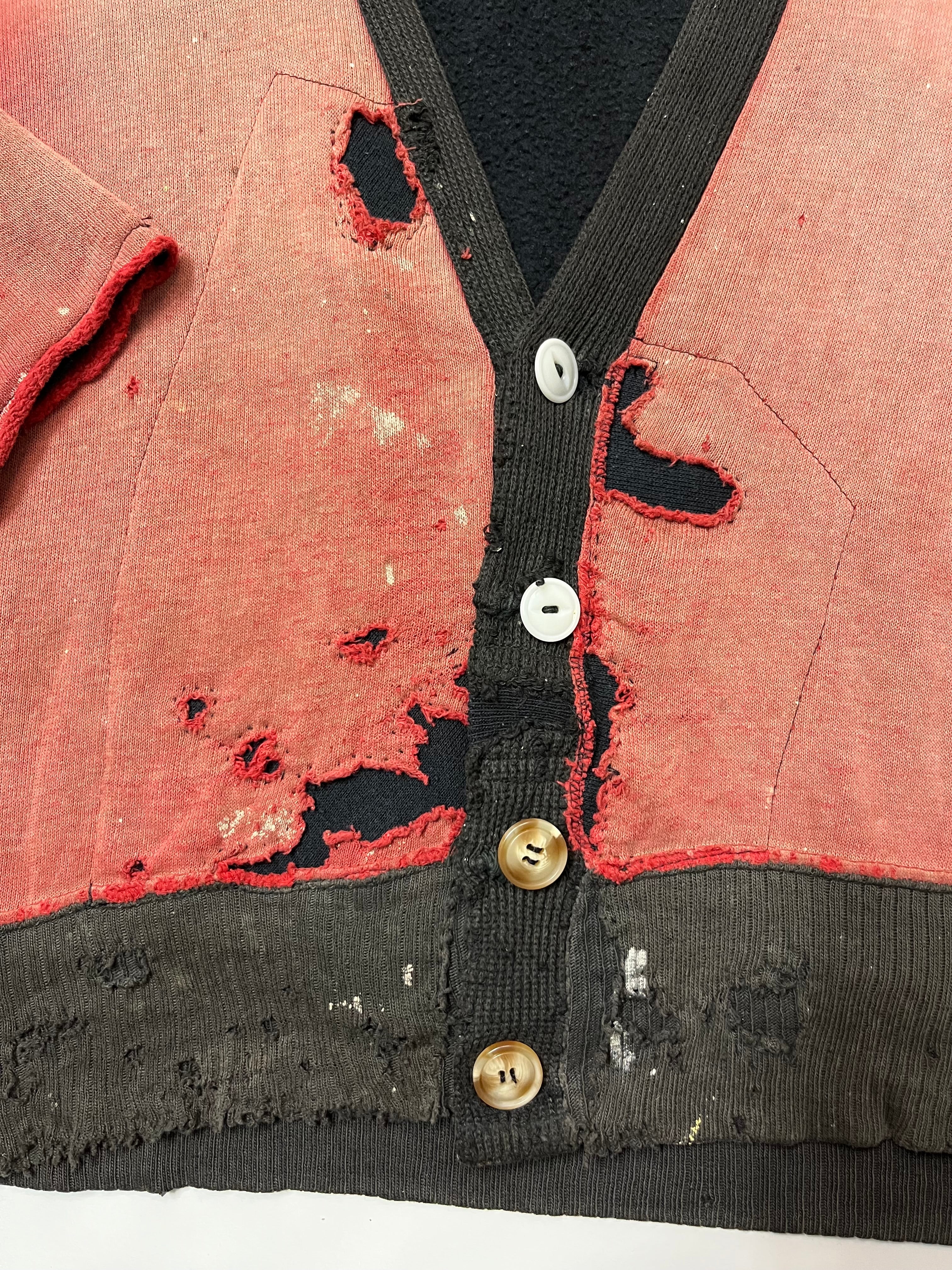 1940s Thrashed Two-Tone Sweatshirt Cardigan - Faded Red/Black - S