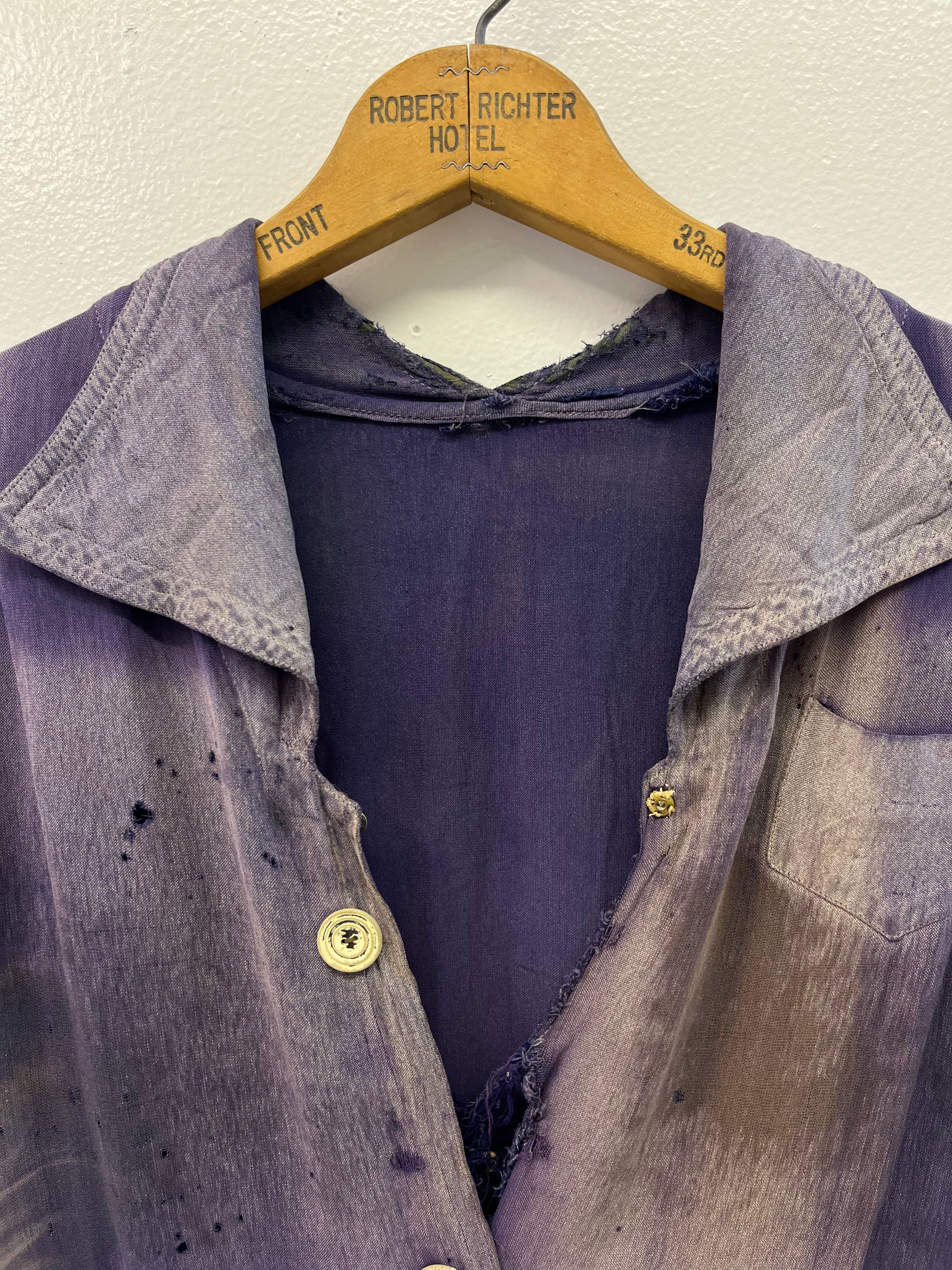 1930s Sun Faded, Thrashed & Repaired Cotton-Linen Farm Dress - Faded Purple - One Size