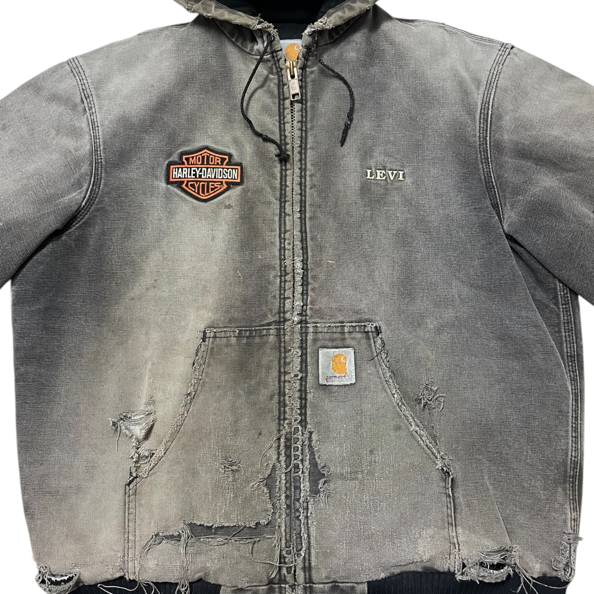 1990s Distressed & Faded Carhartt Harley-Davidson ‘Levi’ Active Jacket - Faded Black/Charcoal - L/LT/XL