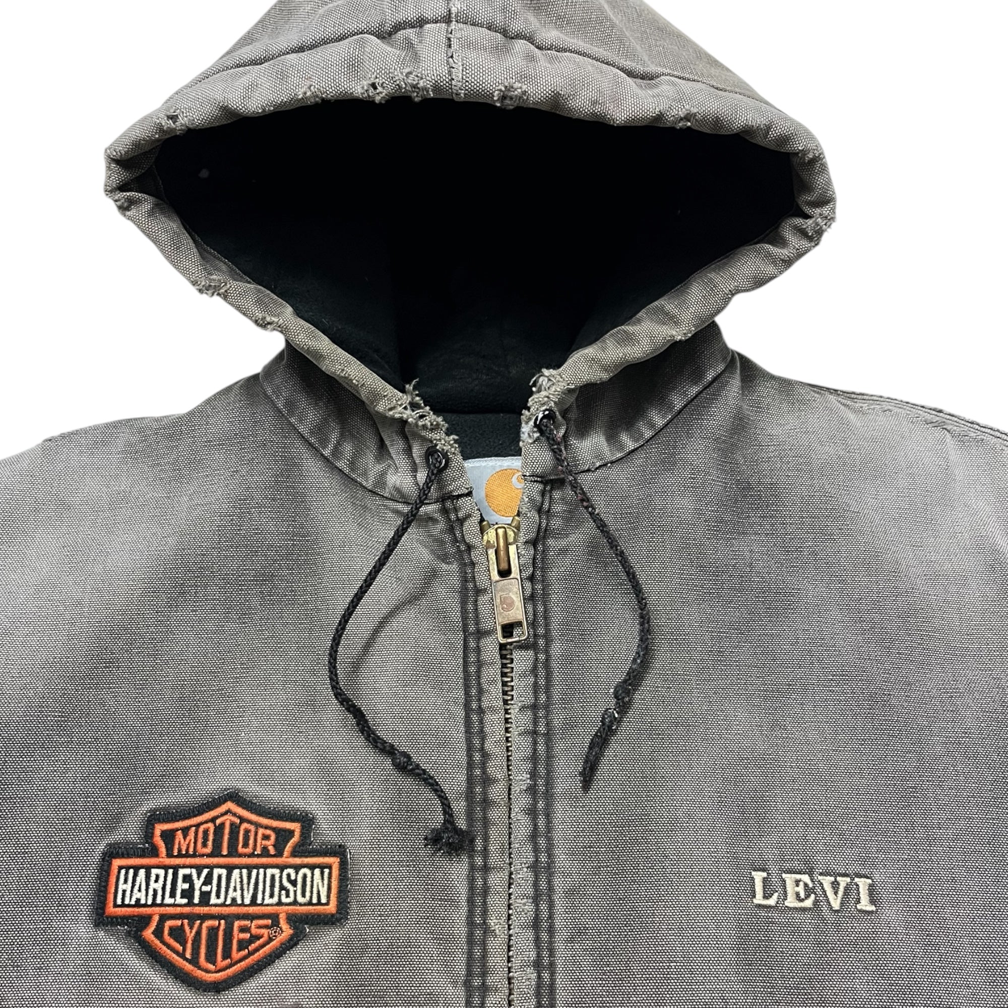 1990s Distressed & Faded Carhartt Harley-Davidson ‘Levi’ Active Jacket - Faded Black/Charcoal - L/LT/XL