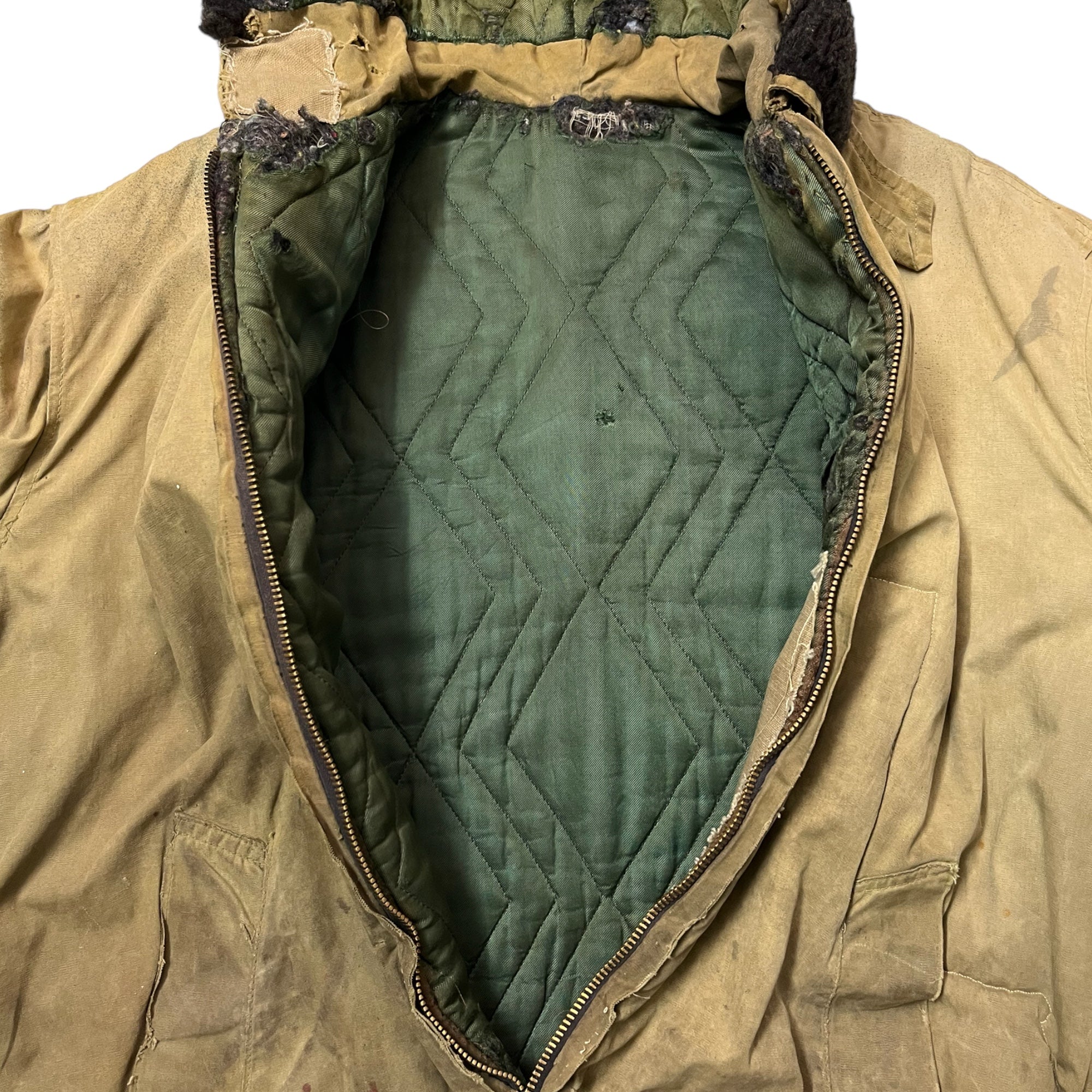 1950s/60s Distressed Civilian Deck Jacket with Denim ‘Leg’ Repaired Sleeves - Dirty Khaki Tan - M/L