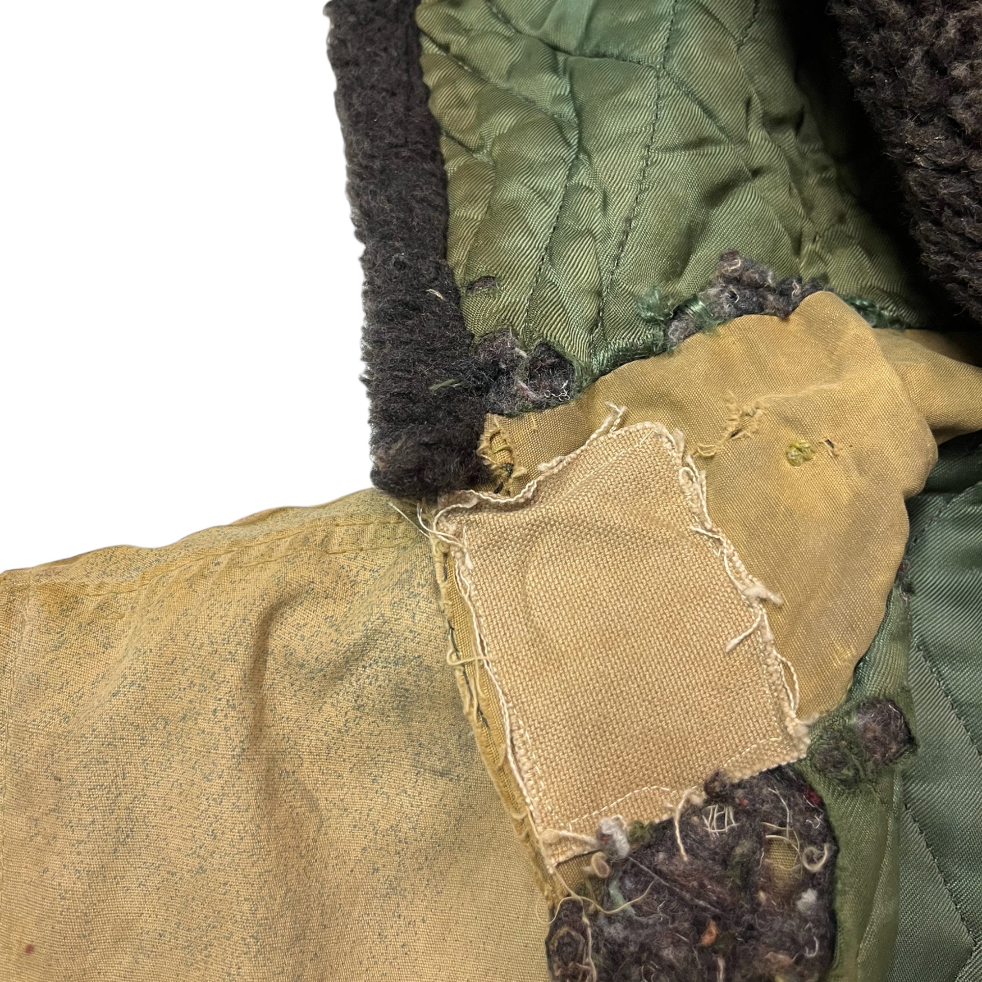 1950s/60s Distressed Civilian Deck Jacket with Denim ‘Leg’ Repaired Sleeves - Dirty Khaki Tan - M/L