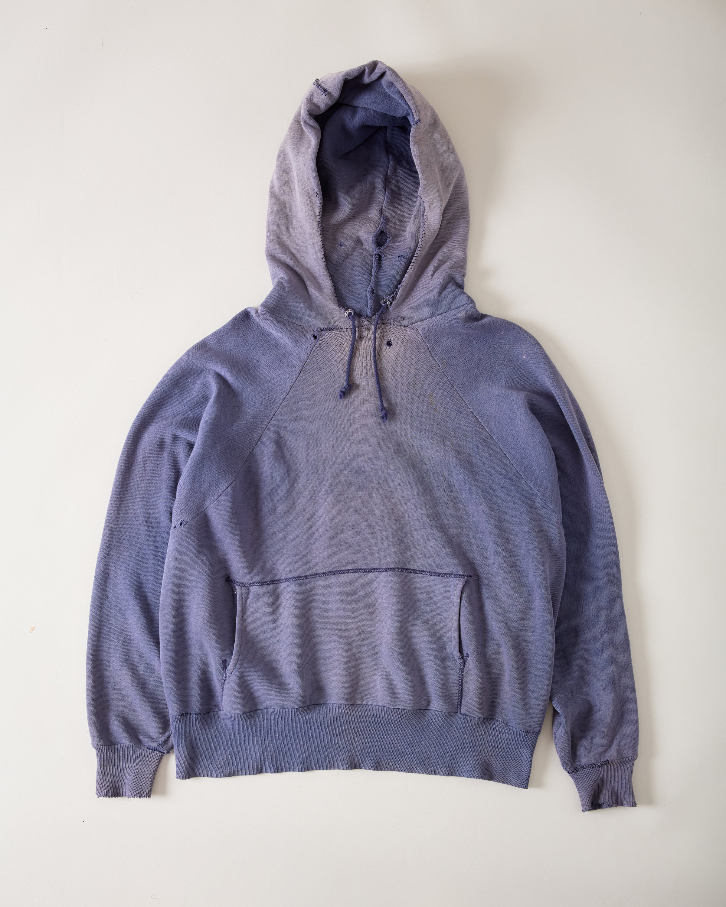 1960s Distressed & Repaired Hooded Raglan-Cut Sweatshirt - Faded Navy/Eggplant - M/L