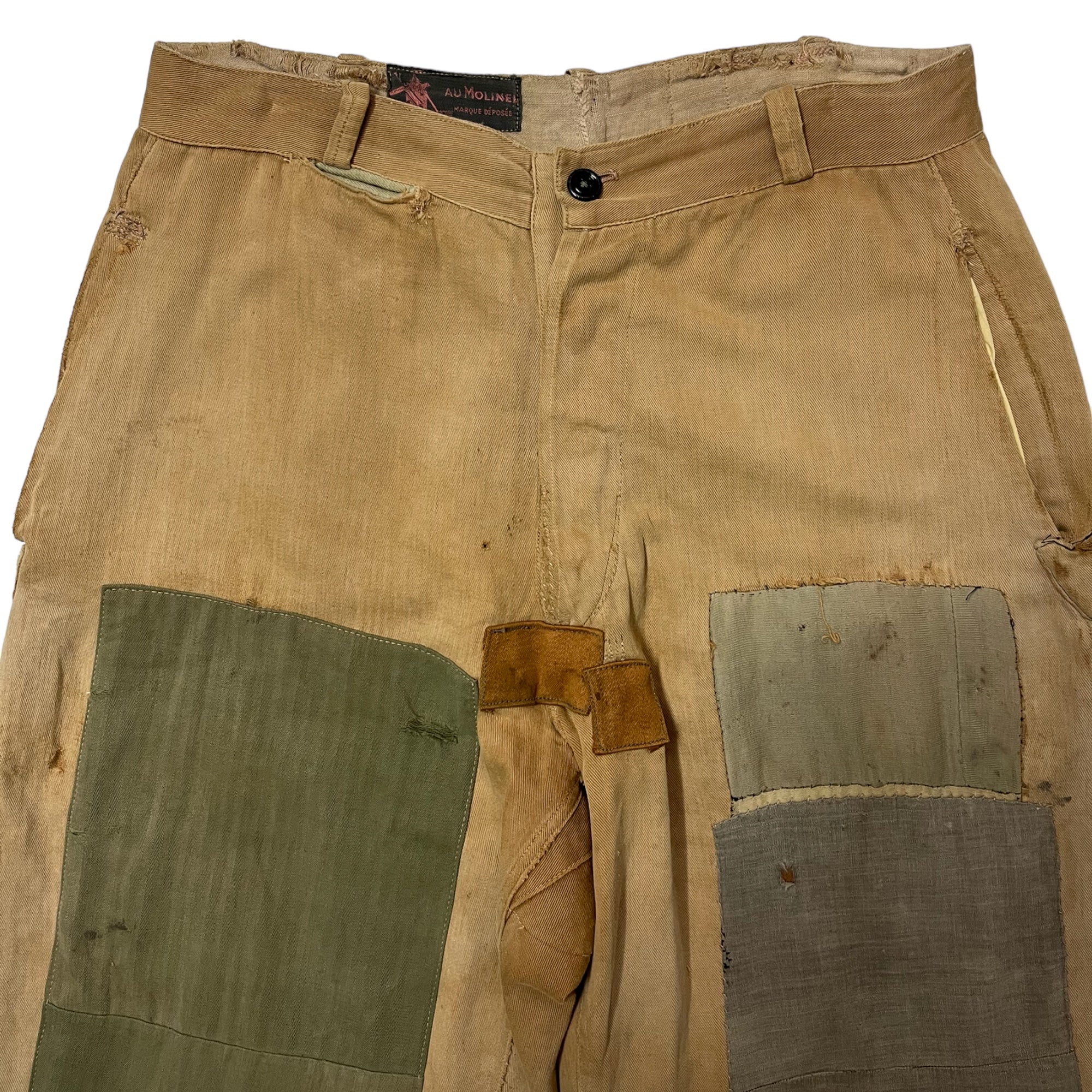 1930s Au Molinel French Tan Moleskin Heavily Repaired Work Trousers - Faded Tan - 30/27