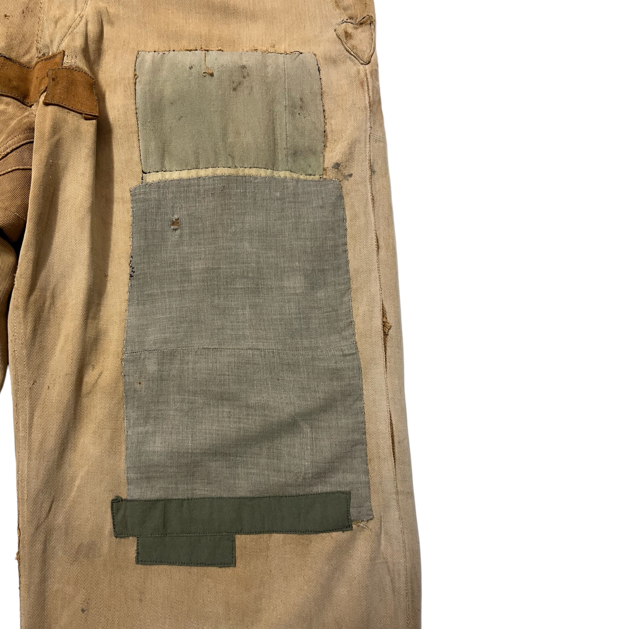 1930s Au Molinel French Tan Moleskin Heavily Repaired Work Trousers - Faded Tan - 30/27