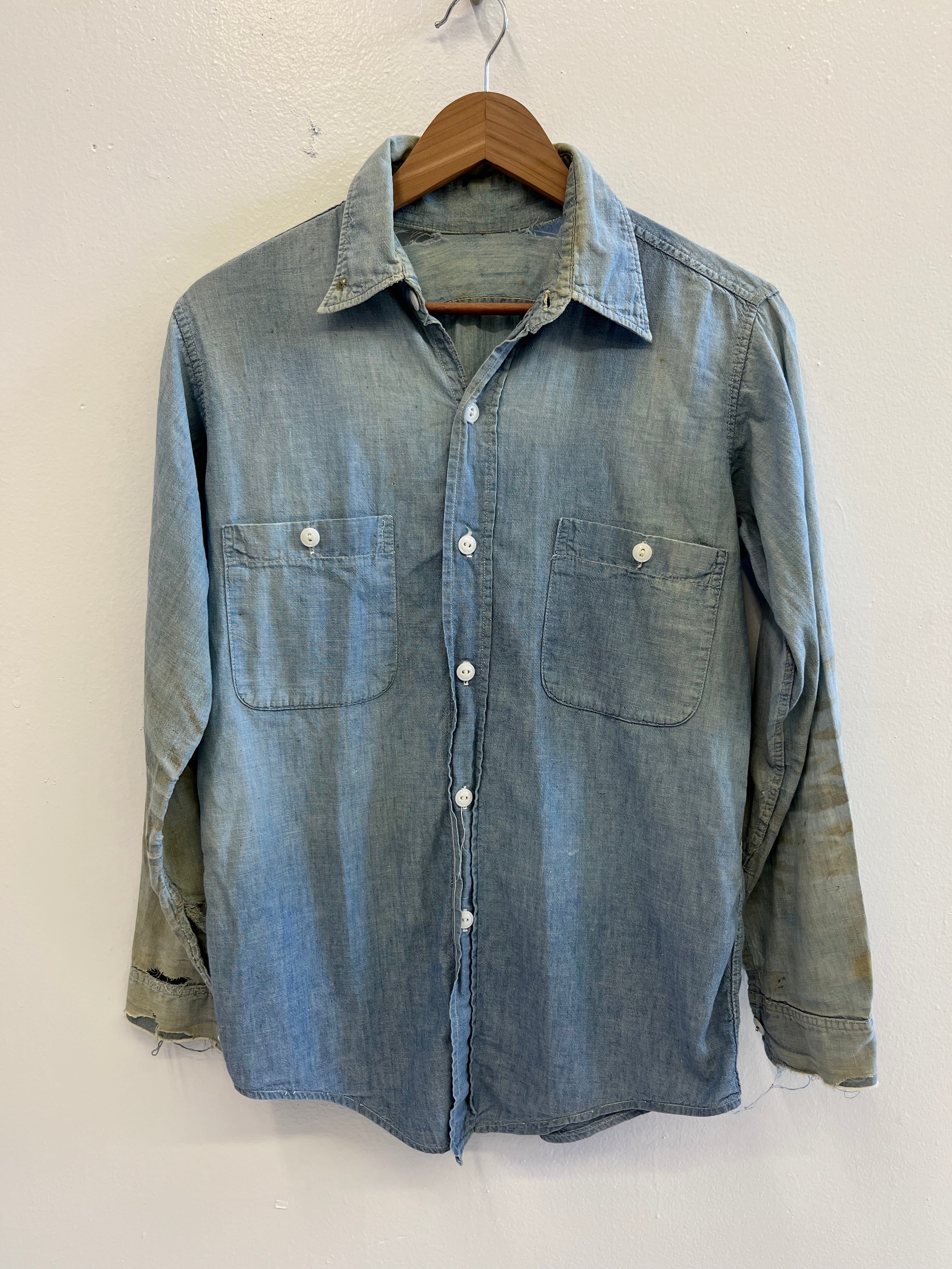 1950s Distressed Chambray Shirt with Overalls Fade - Light Blue - M